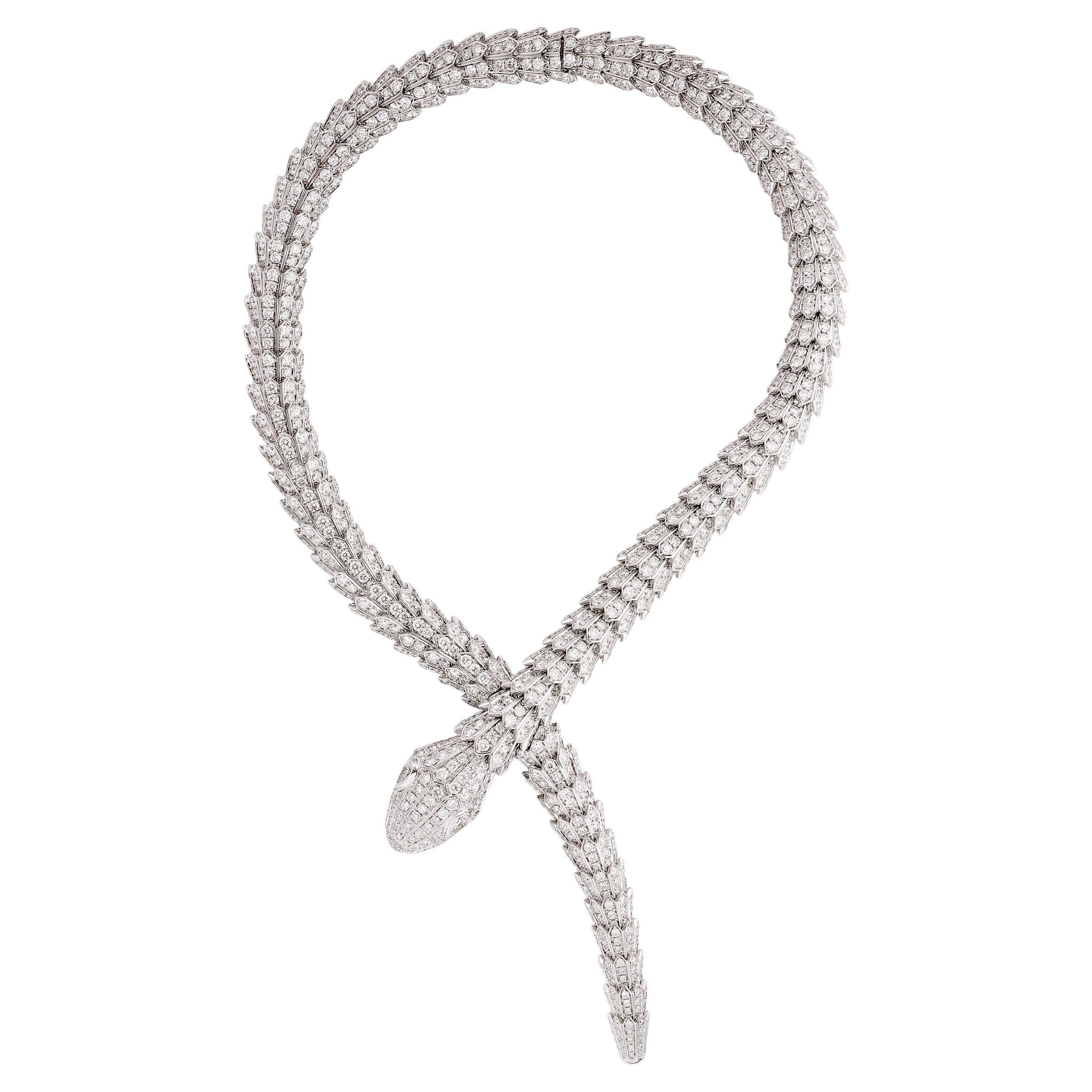 Bulgari Serpenti Diamond Snake Necklace in 18k White Gold For Sale