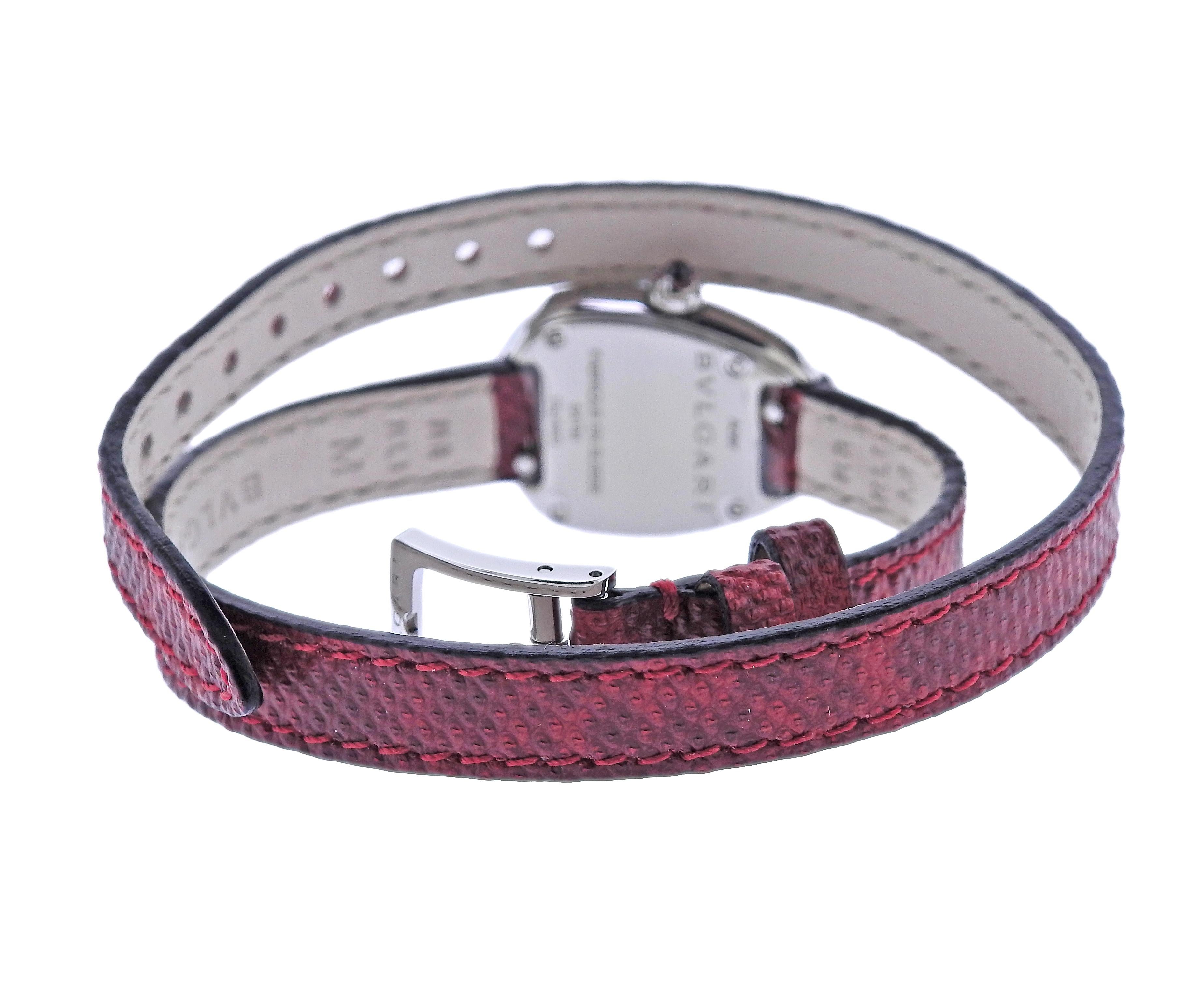 Bvlgari Serpenti stainless steeel and red Karung leather wrap bracelet watch, case decorated with diamonds, pink tourmaline crown and red dial. Retail $6450. Comes with box. and extra black wrap bracelet. Case is 20 x 27mm. Quartz movement.