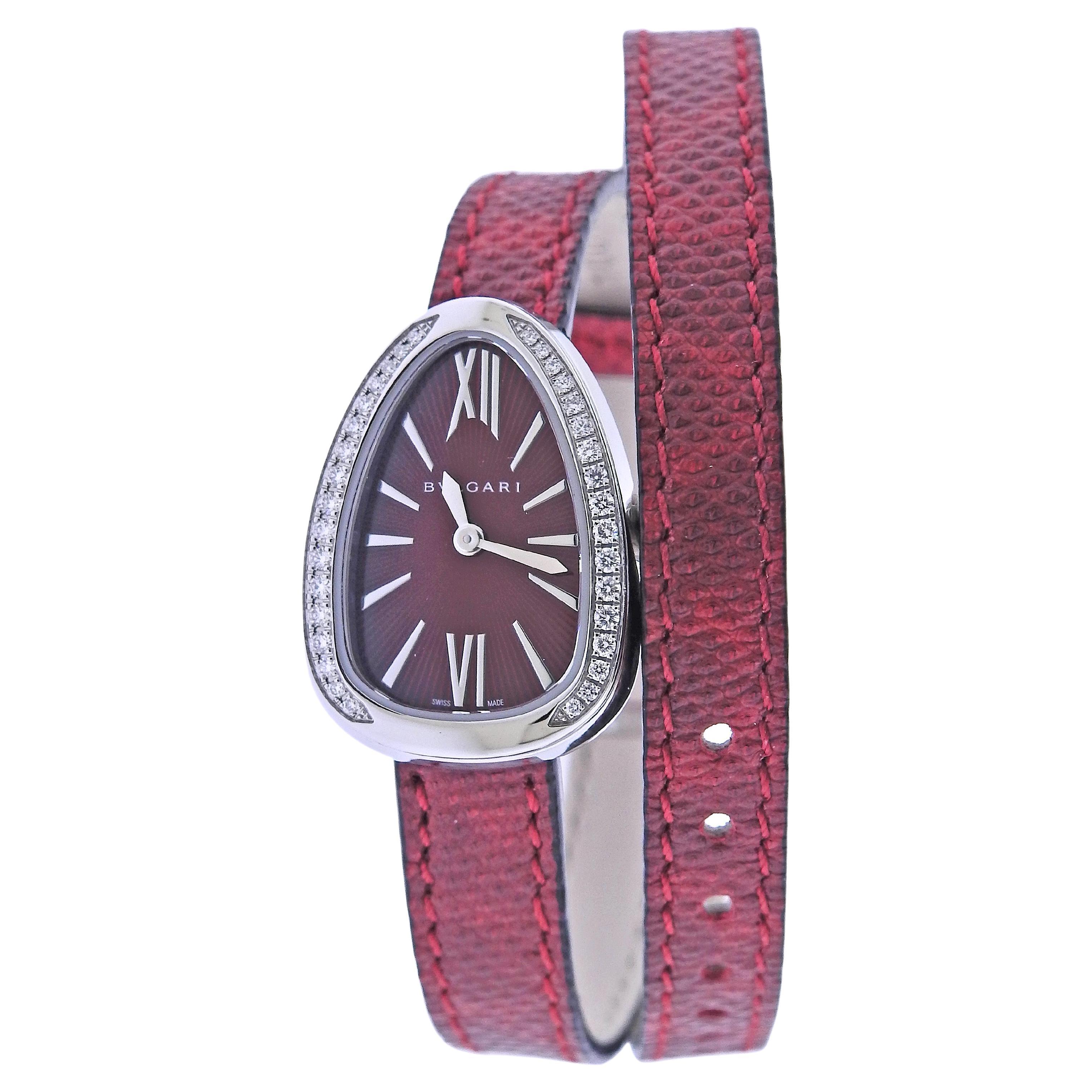 Bulgari Serpenti Diamond Steel Red Leather Wrap Bracelet Watch 1NJA8G For Sale