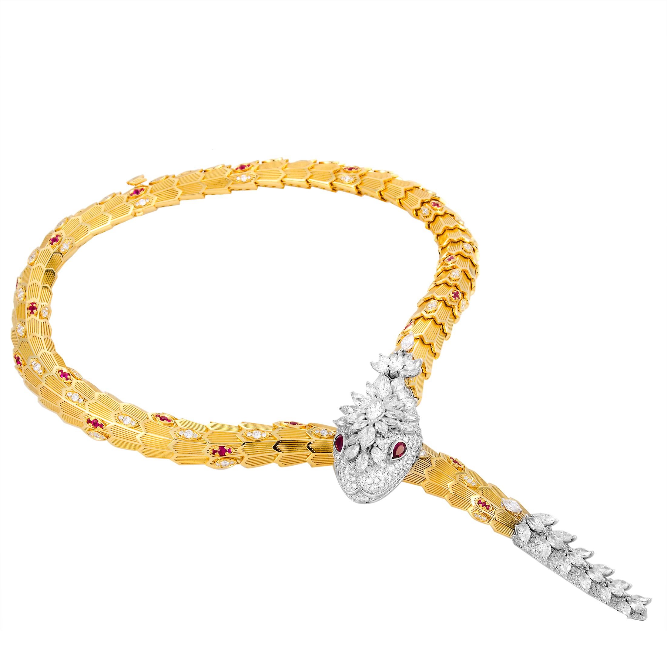 Bulgari Serpenti Full Diamond and Ruby Yellow and White Gold Snake Necklace In New Condition In Southampton, PA