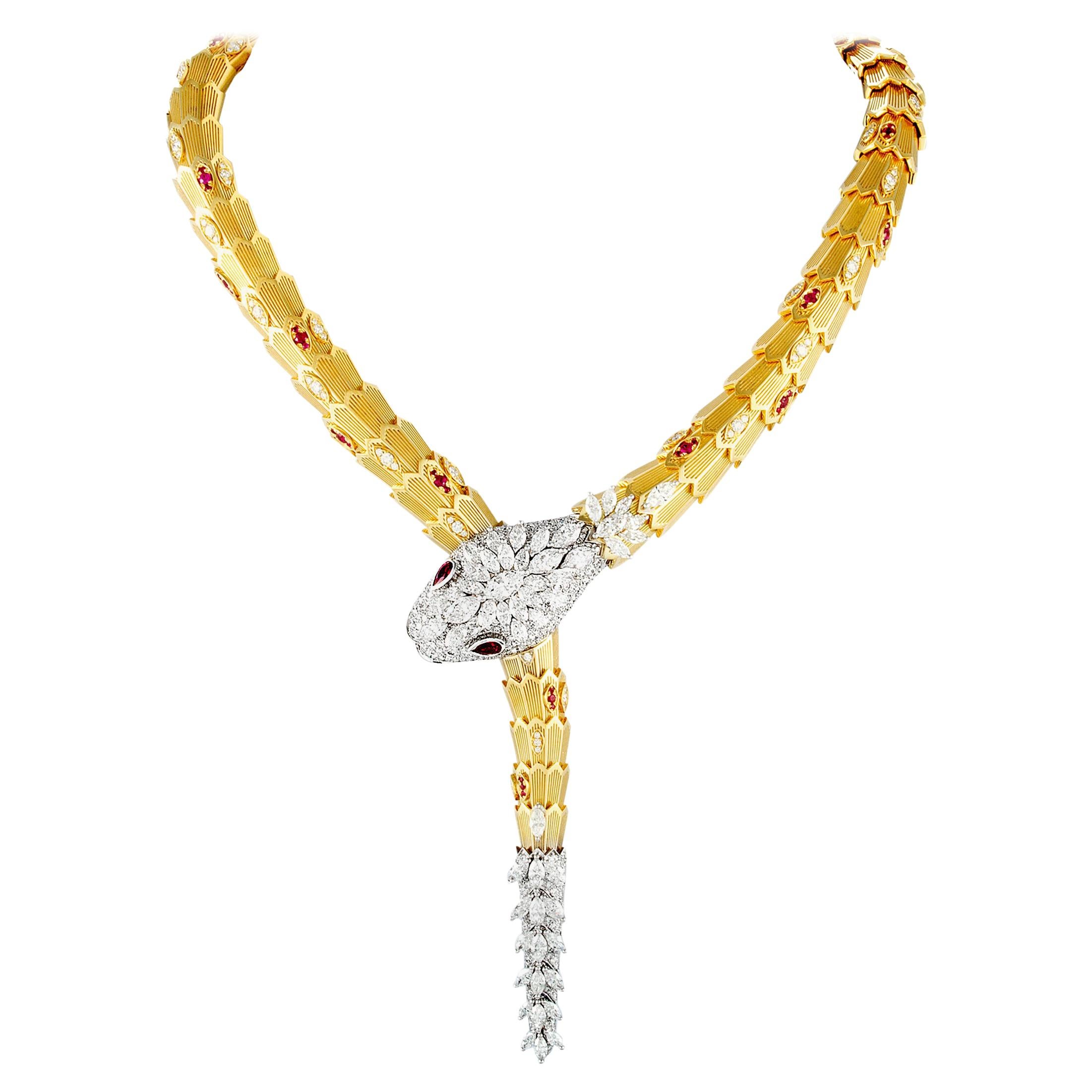 Bulgari Serpenti Full Diamond and Ruby Yellow and White Gold Snake Necklace