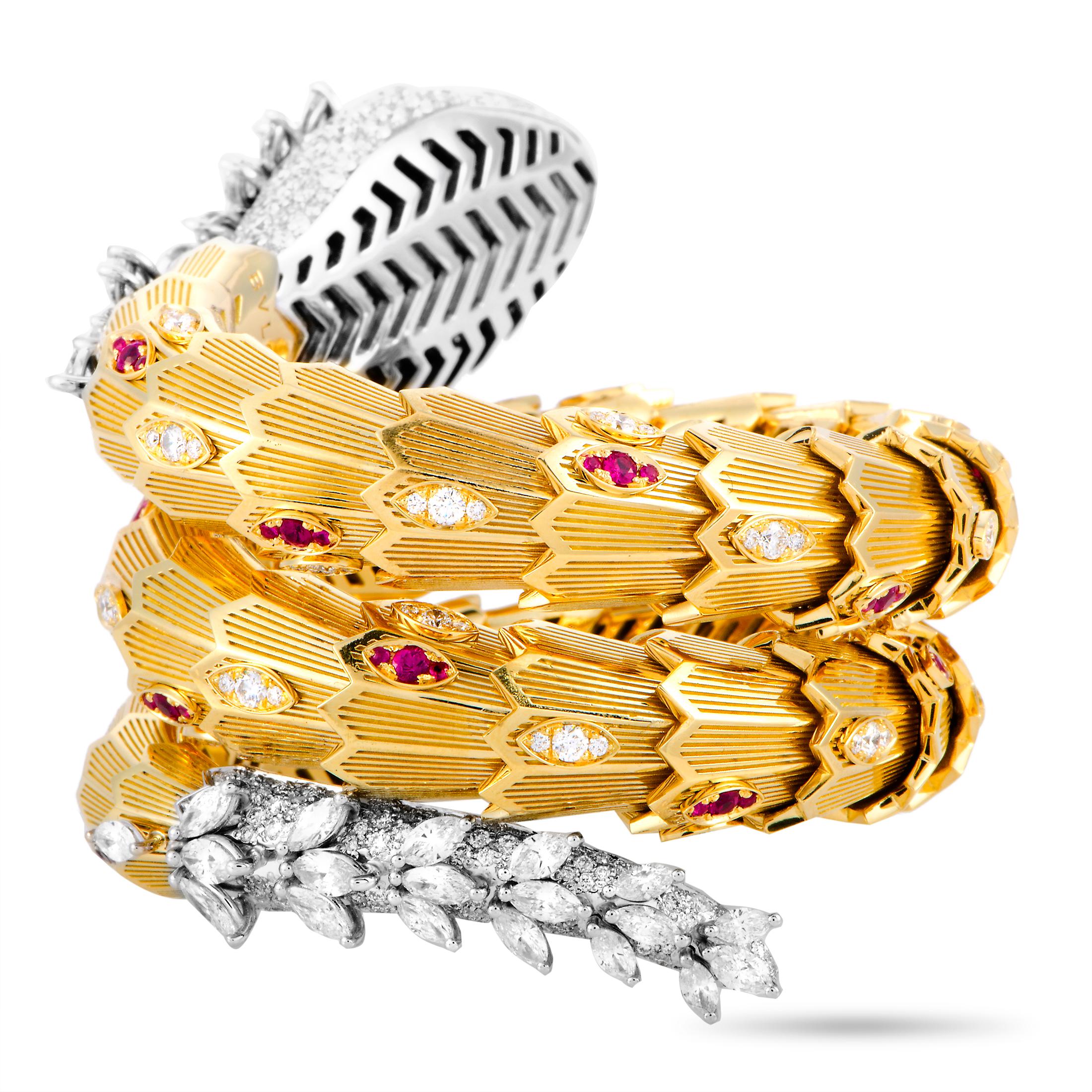 Bulgari Serpenti Full Diamond Pave and Ruby Yellow and White Gold Snake Bracelet at 1stDibs