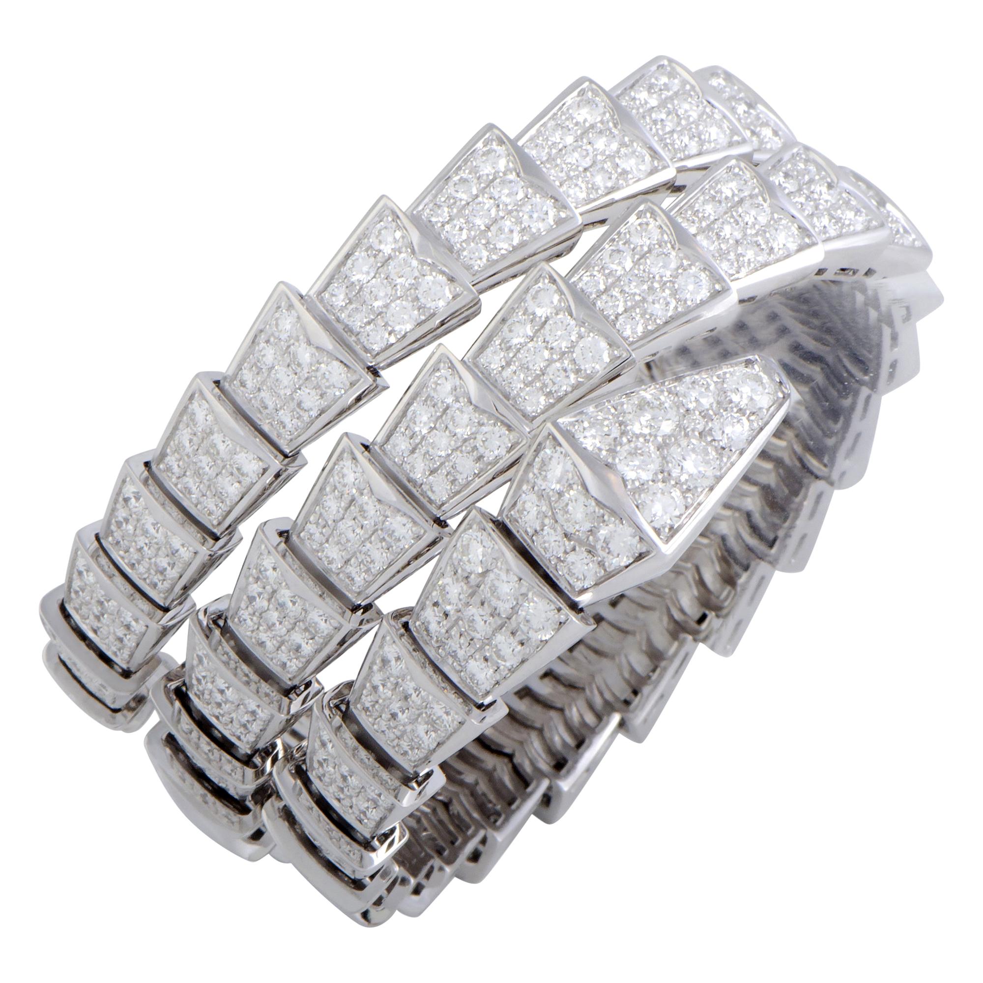 Bulgari Serpenti Full Diamond Pave White Gold Medium Bangle Bracelet