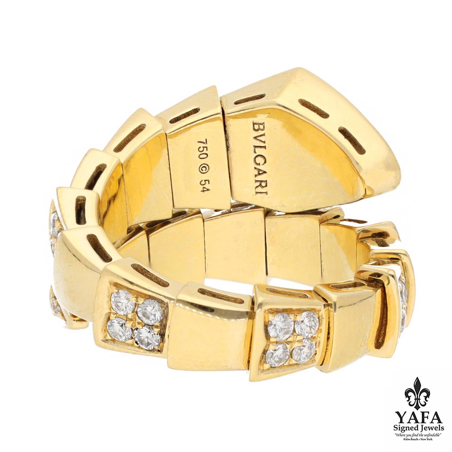 Camouflaging Sensuality with Temptation this Jewel Coils Round the Finger and is set with Alternating Pave Diamond Scales and a Pave Diamond Head.
18K Yellow Gold
Size - 54 / 6.75
Signed - BVLGARI