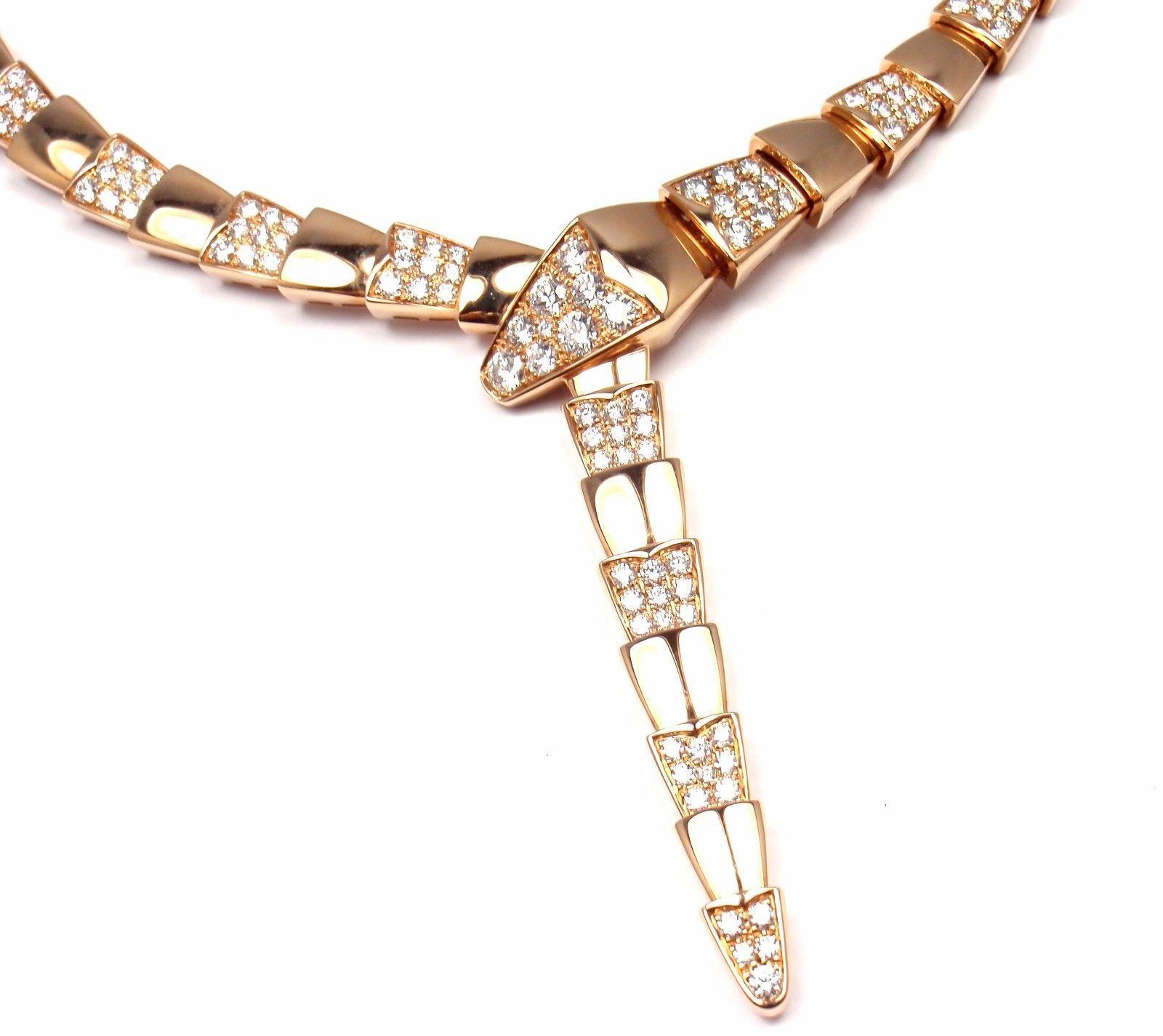 18k Rose Gold Pave Diamond Serpenti Necklace by Bulgari. 
With 283 round cut diamonds VVS1 clarity, E color.
This necklace comes with Bulgari Box, Pouch, and Authenticity Certificate.
Retail Price for this necklace is $76,000 plus