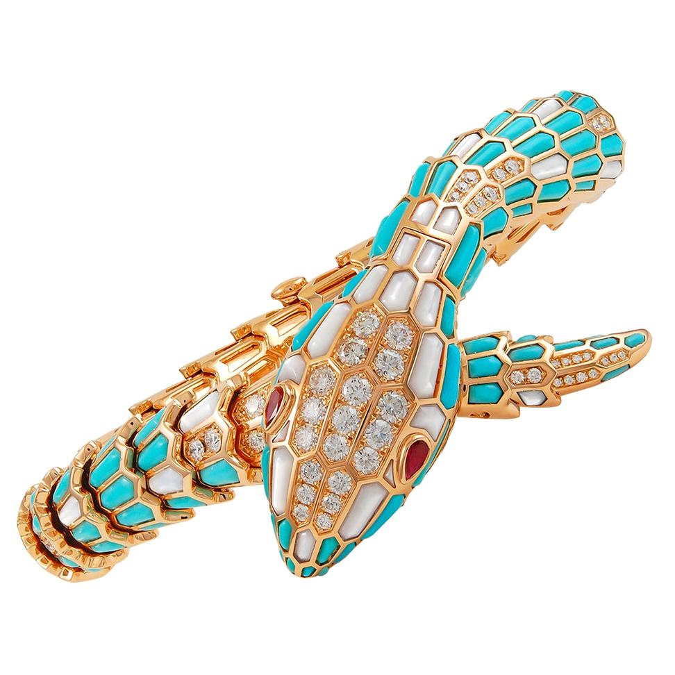 Bulgari Ladies Diamond Turquoise Rose Gold Serpenti Secret Wristwatch