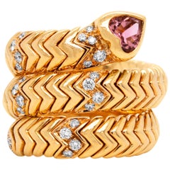 Bulgari Serpenti Tubogas 18 Karat Yellow Gold Diamond Pink Tourmaline Ring