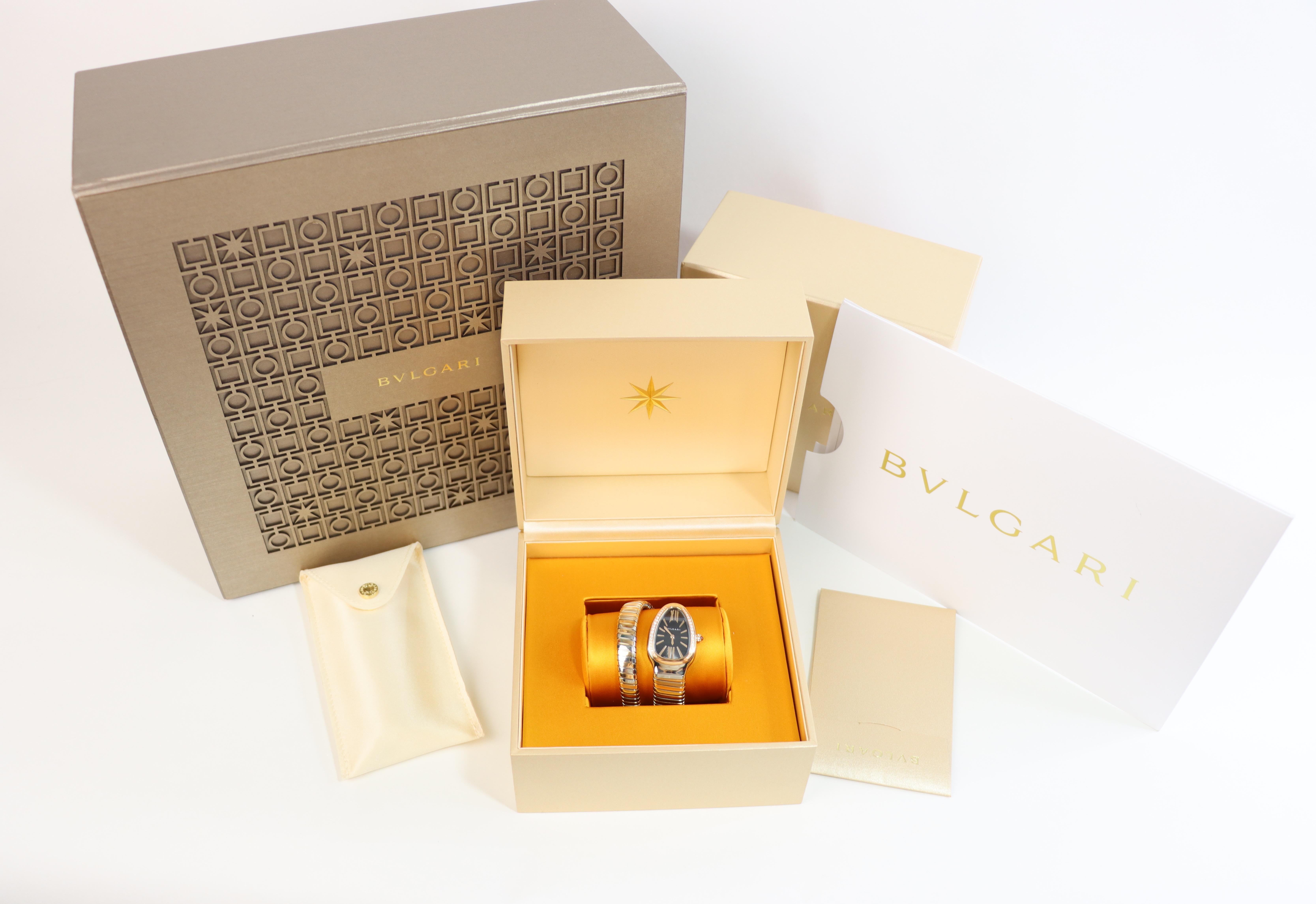 Taille brillant Montre Bulgari Serpenti Tubogas en or rose 18 carats en acier inoxydable avec diamant à simple rotation en vente