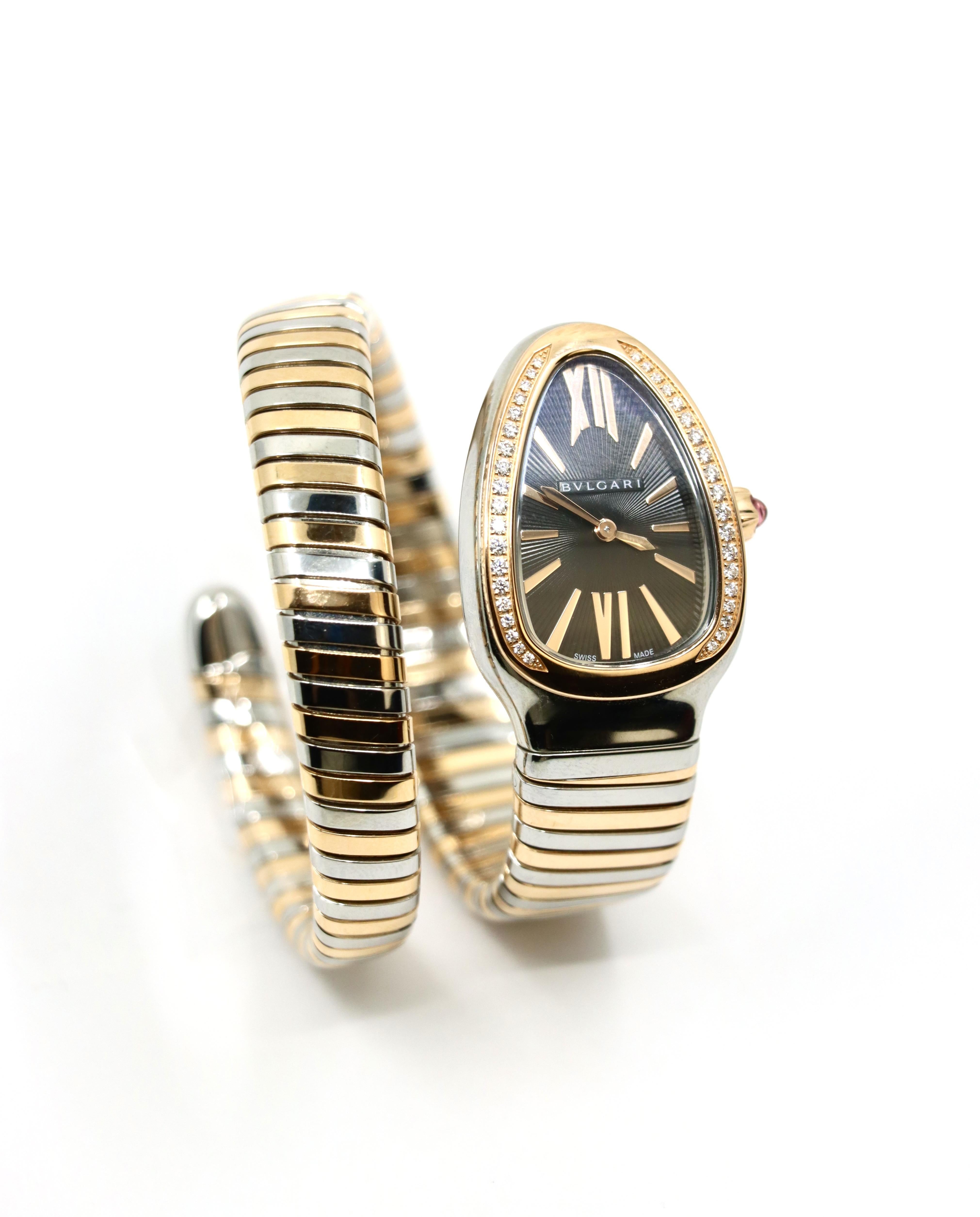 Montre Bulgari Serpenti Tubogas en or rose 18 carats en acier inoxydable avec diamant à simple rotation Bon état - En vente à Flushing, NY