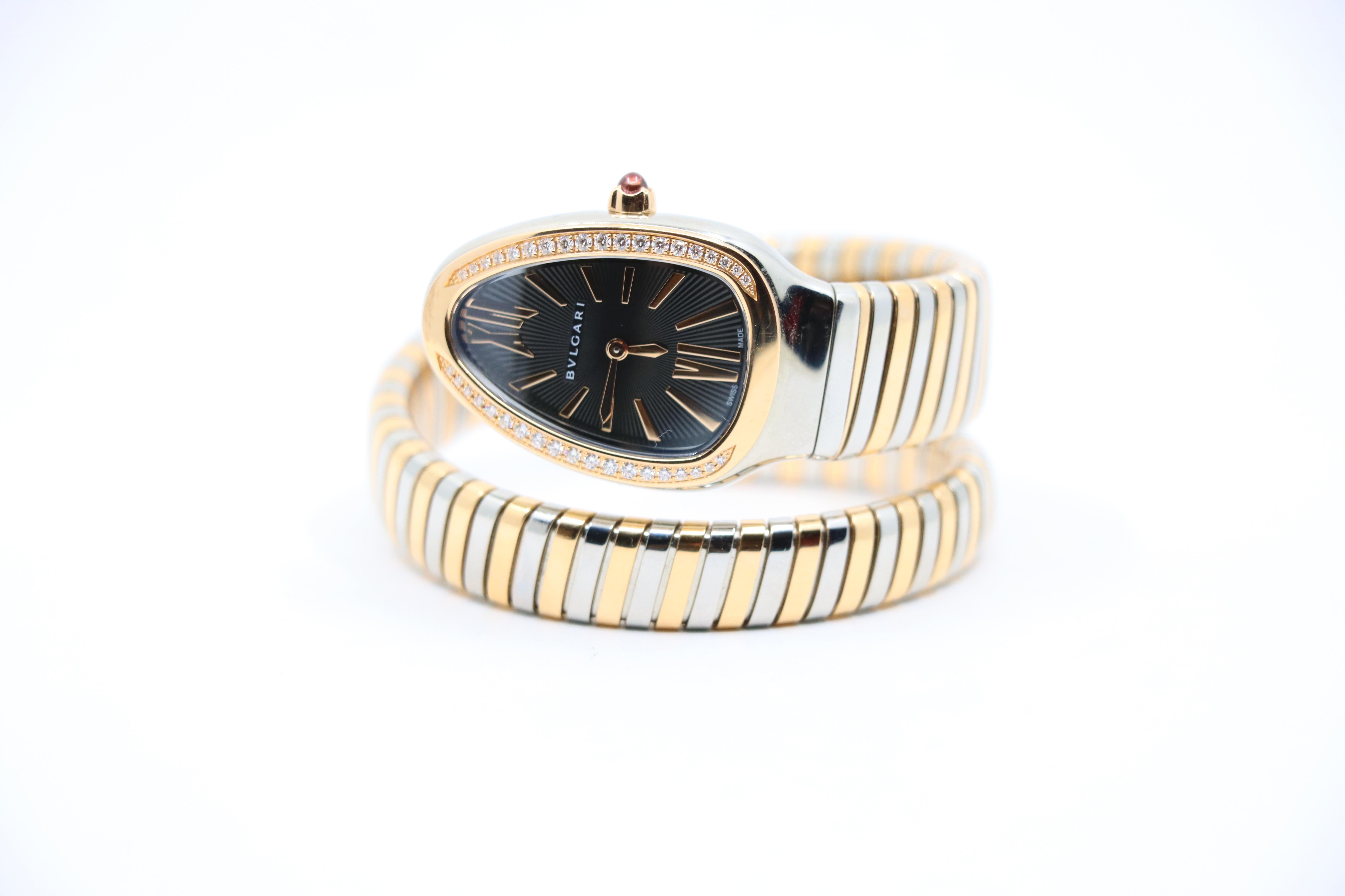 Montre Bulgari Serpenti Tubogas en or rose 18 carats en acier inoxydable avec diamant à simple rotation en vente 1
