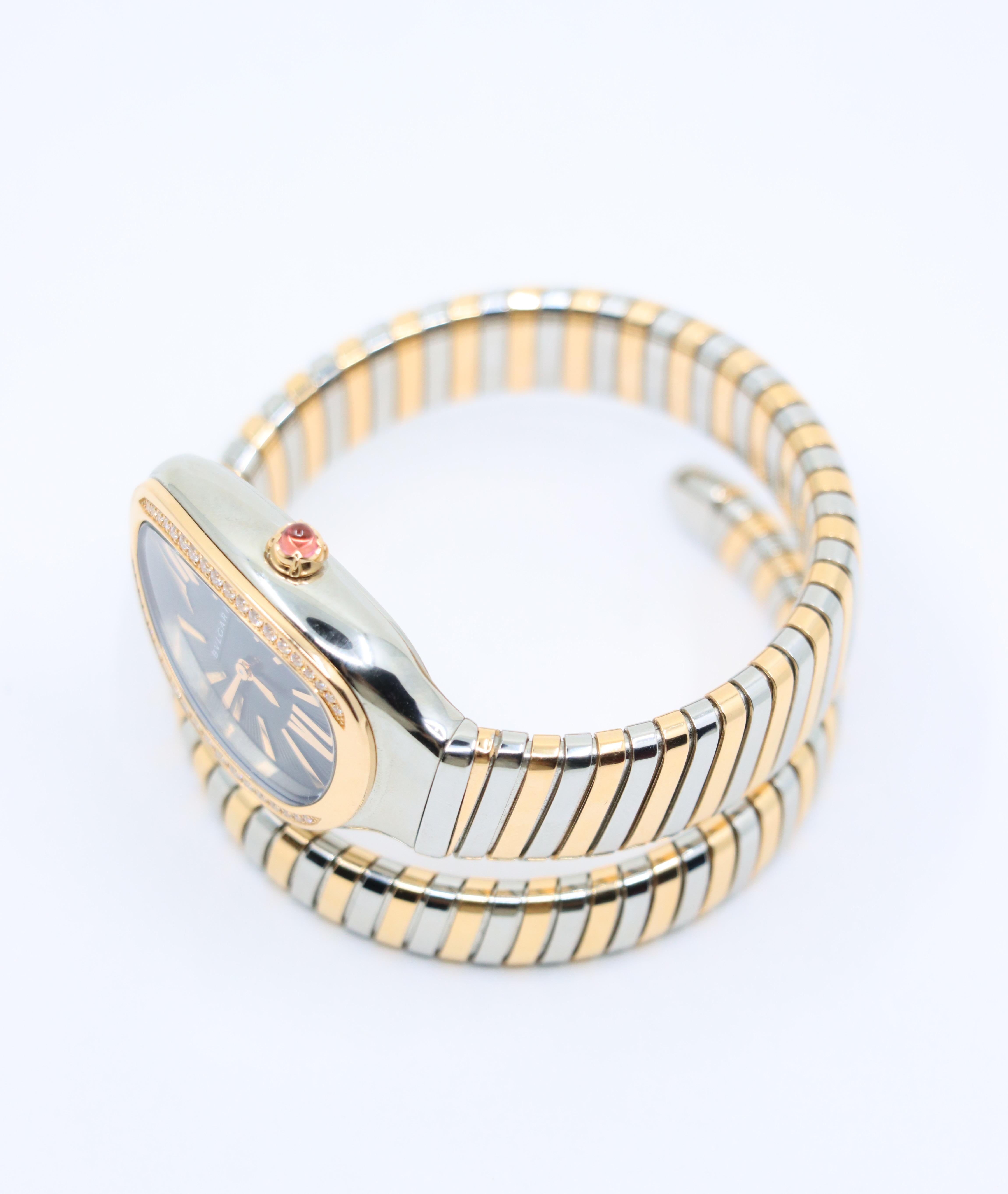 Montre Bulgari Serpenti Tubogas en or rose 18 carats en acier inoxydable avec diamant à simple rotation en vente 3