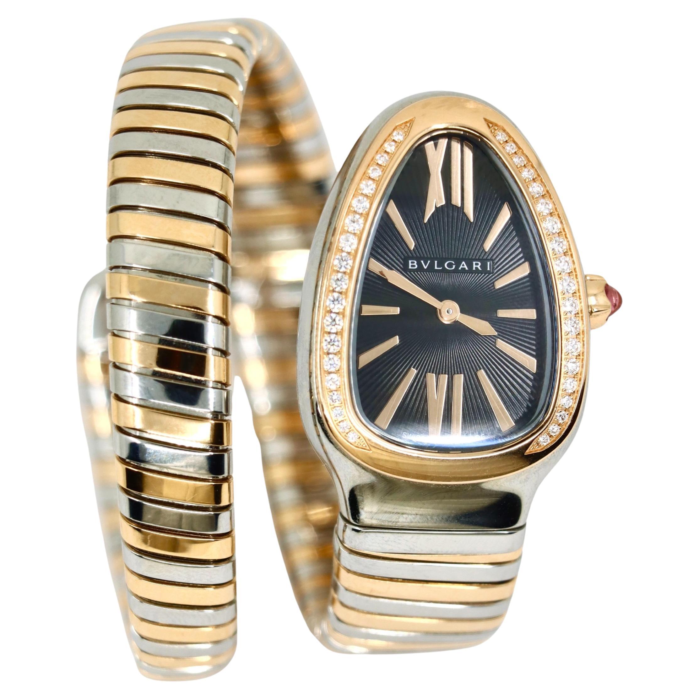 Montre Bulgari Serpenti Tubogas en or rose 18 carats en acier inoxydable avec diamant à simple rotation en vente