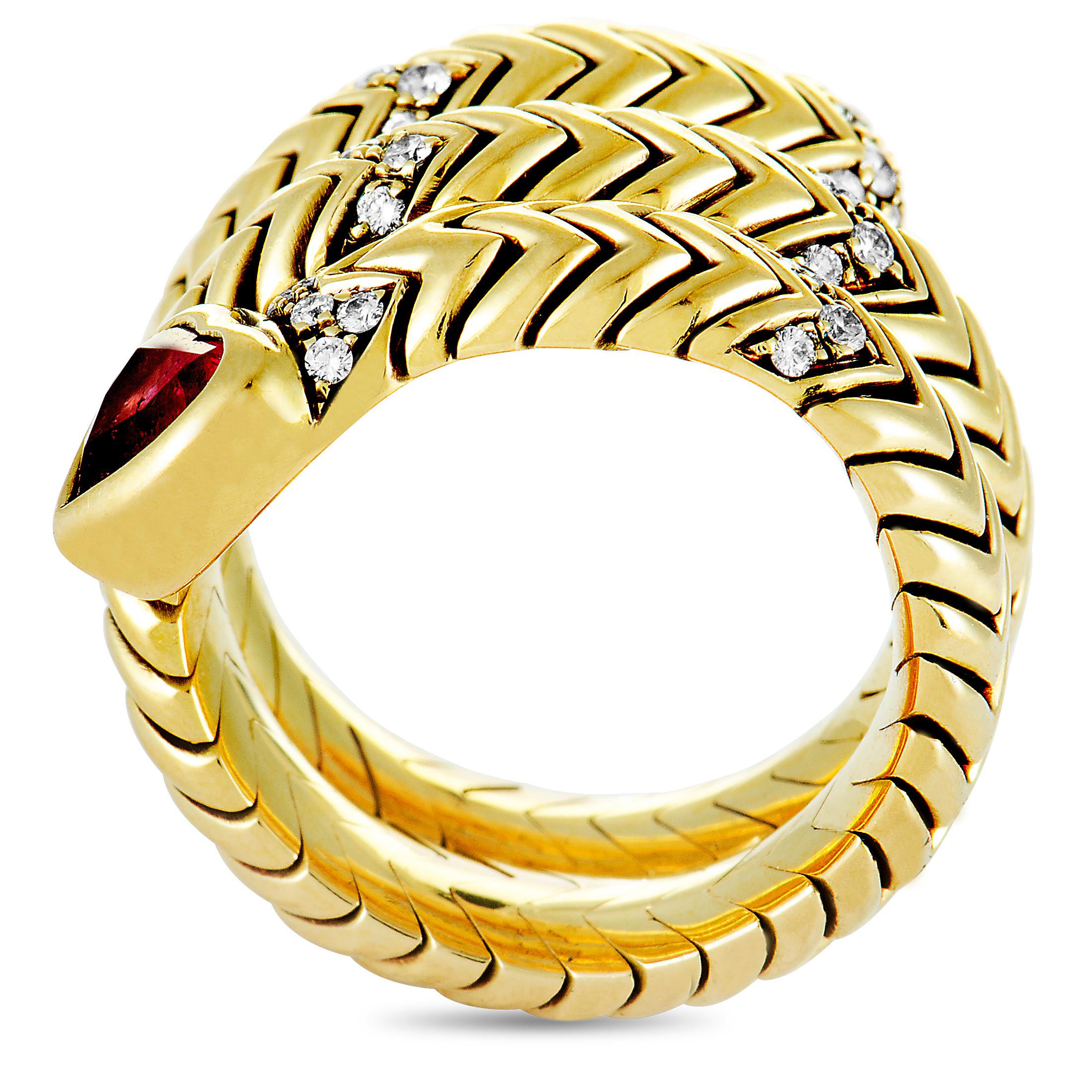 The Bvlgari “Serpenti” ring is made of 18K yellow gold and set with diamonds and a ruby. It weighs 22.9 grams, boasting band thickness of 10 mm and top height of 4 mm, while top dimensions measure 18 by 20 mm.

This item is offered in estate