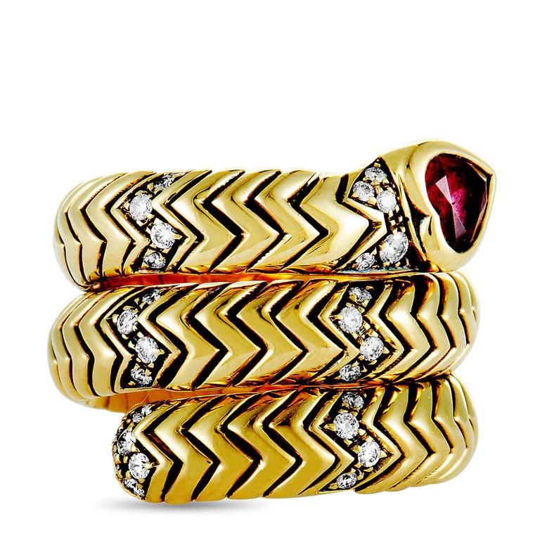 Bulgari Serpenti Tubogas Diamond and Ruby Yellow Gold Snake Ring at 1stDibs