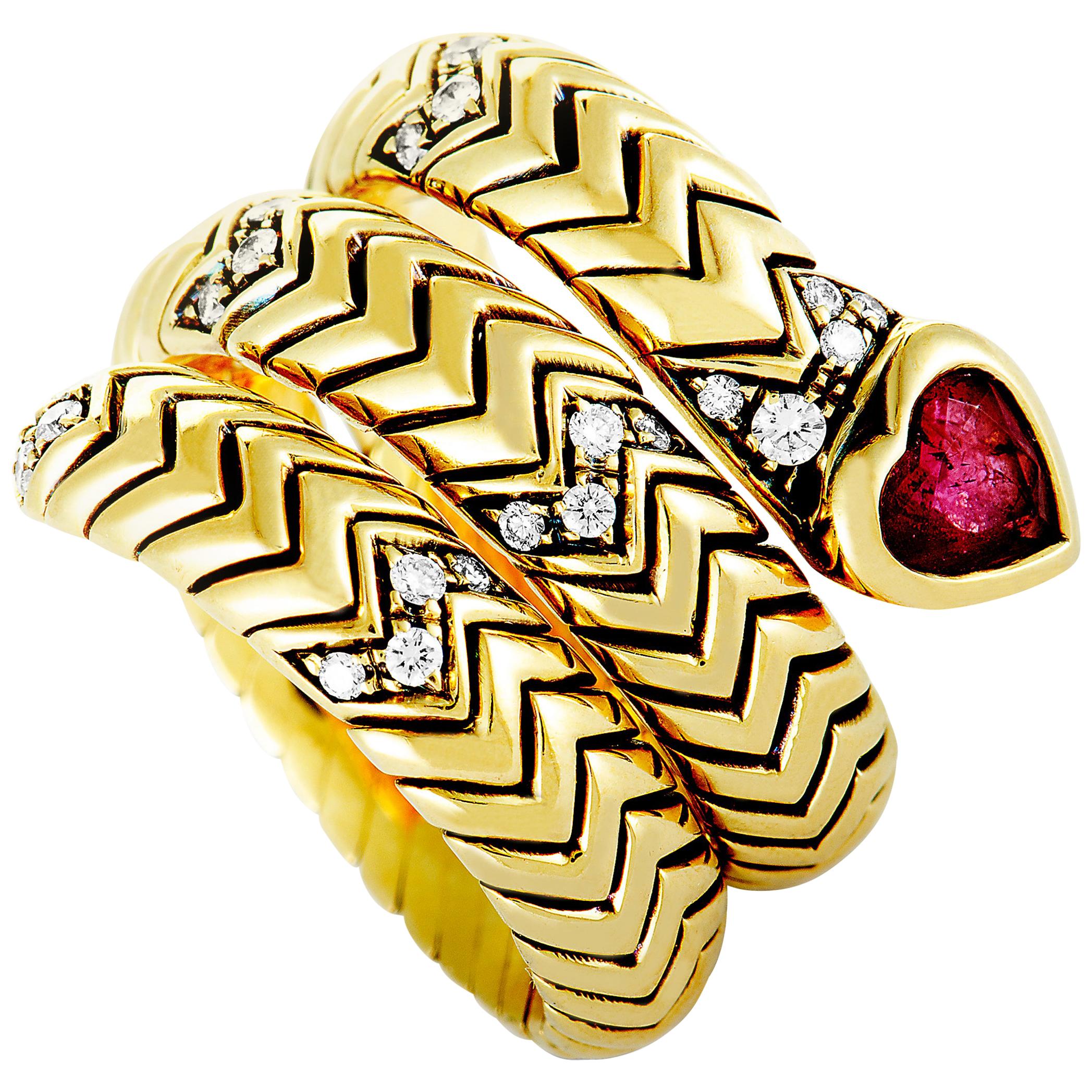 Bulgari Serpenti Tubogas Diamond and Ruby Yellow Gold Snake Ring