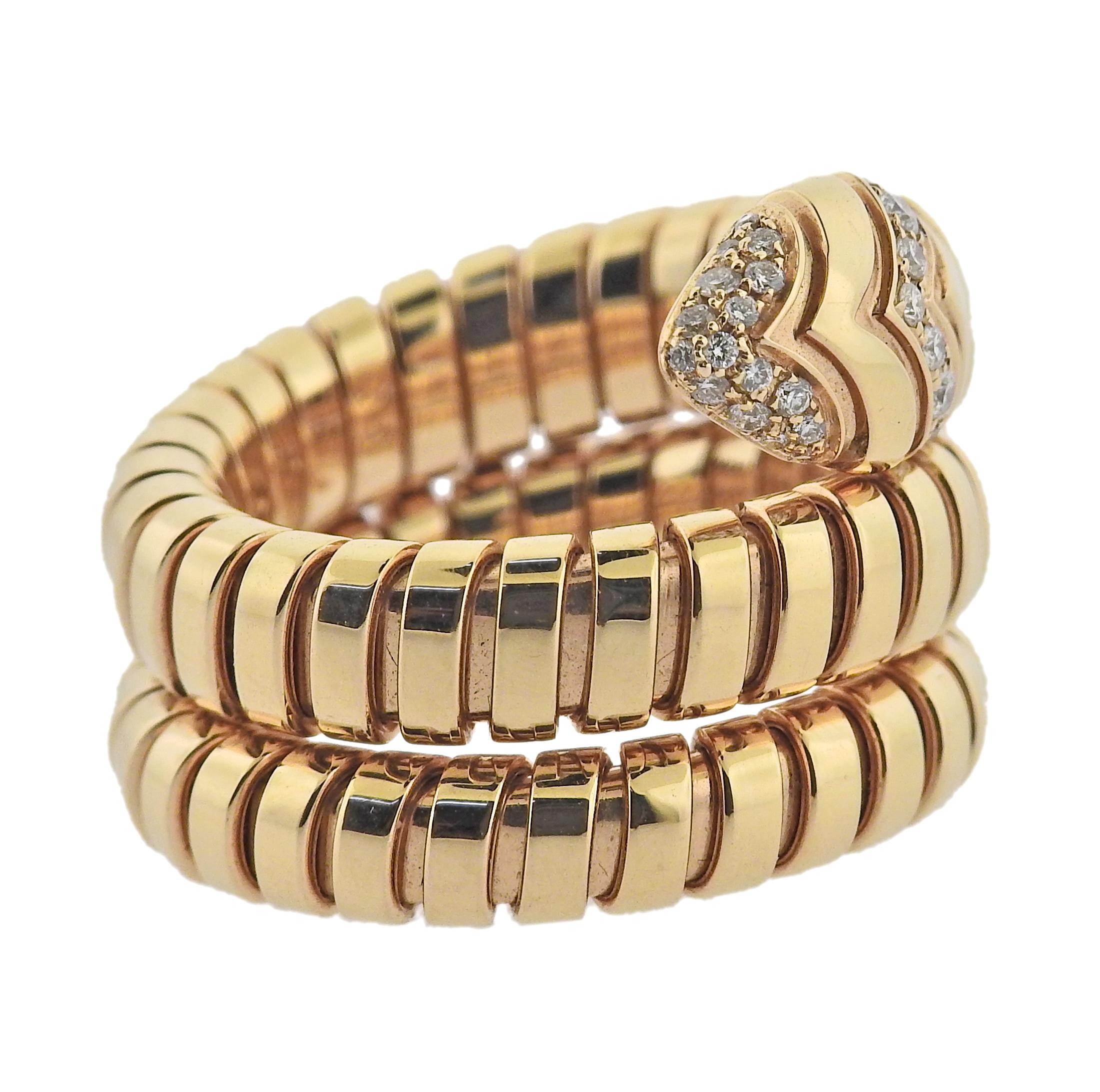 18k rose gold Bvlgari Serpenti Tubogas wrap ring, with 0.38ctw G/VS diamonds. Comes with COA and box. Ring size 6, slightly flexible. Width 18mm. Marked Bvlgari, made in Italy, Italian mark, 750, Serial number, M. Weight 19.1 grams