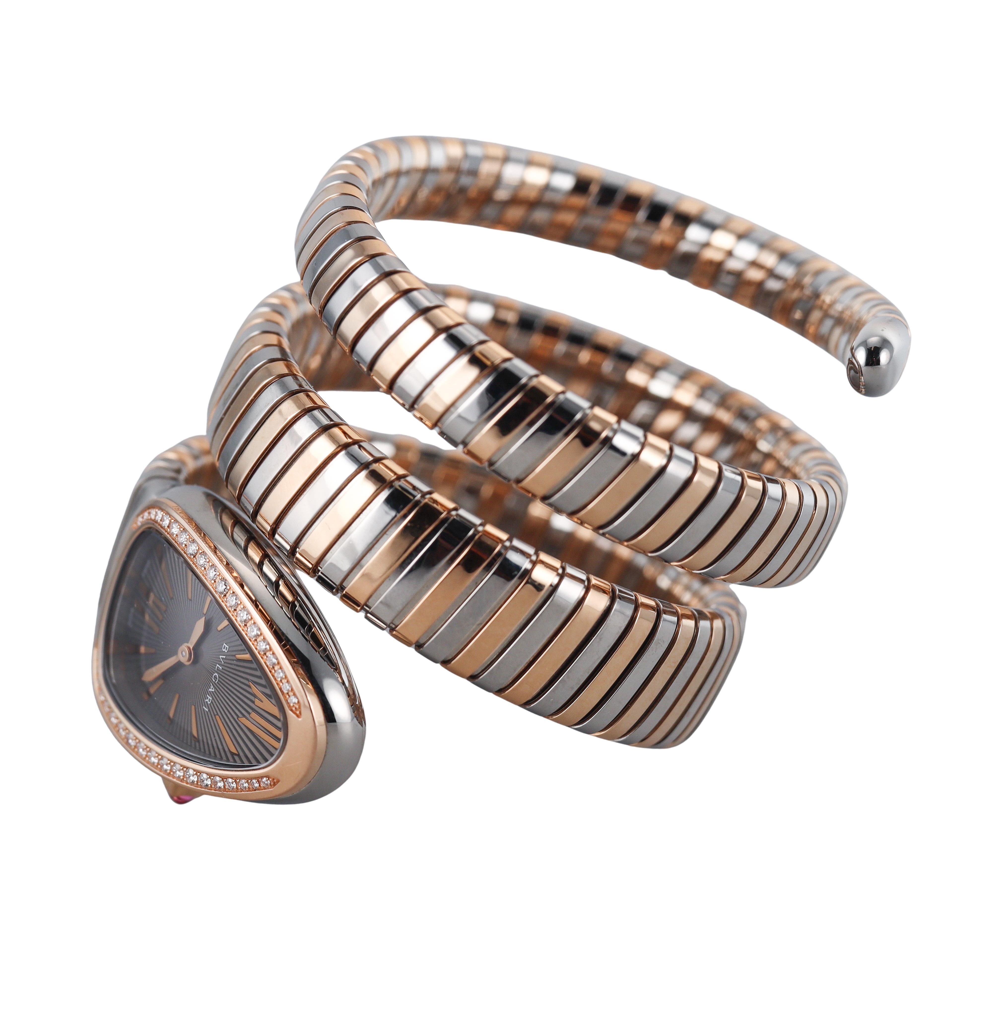 Bulgari Serpenti Tubogas Gold Stahl Diamant Wrap Coil Watch Armband SP35SPG (Rundschliff) im Angebot