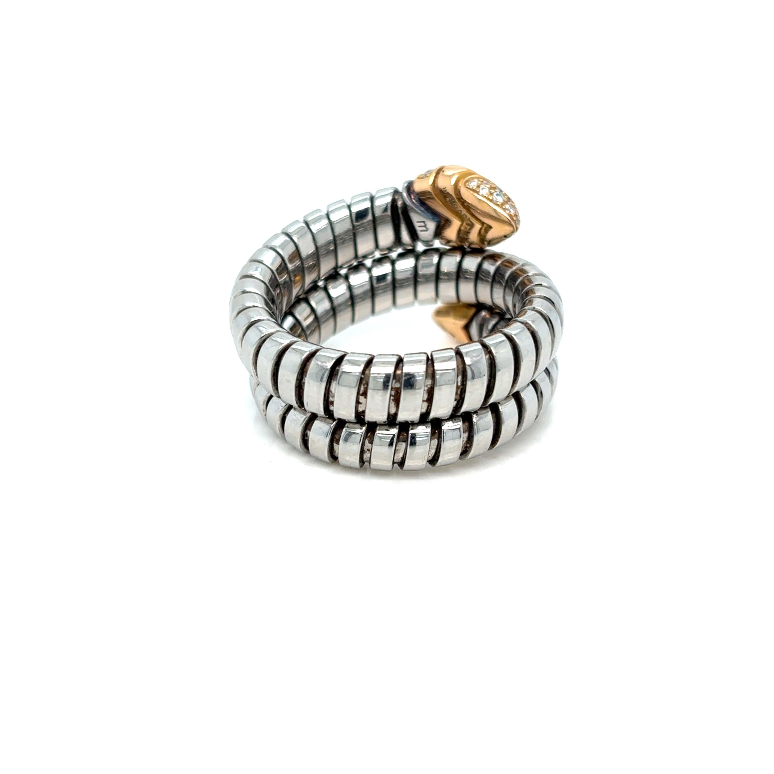 Contemporary Bulgari Serpenti Tubogas Ring in Steel, Rose Gold and Diamonds For Sale