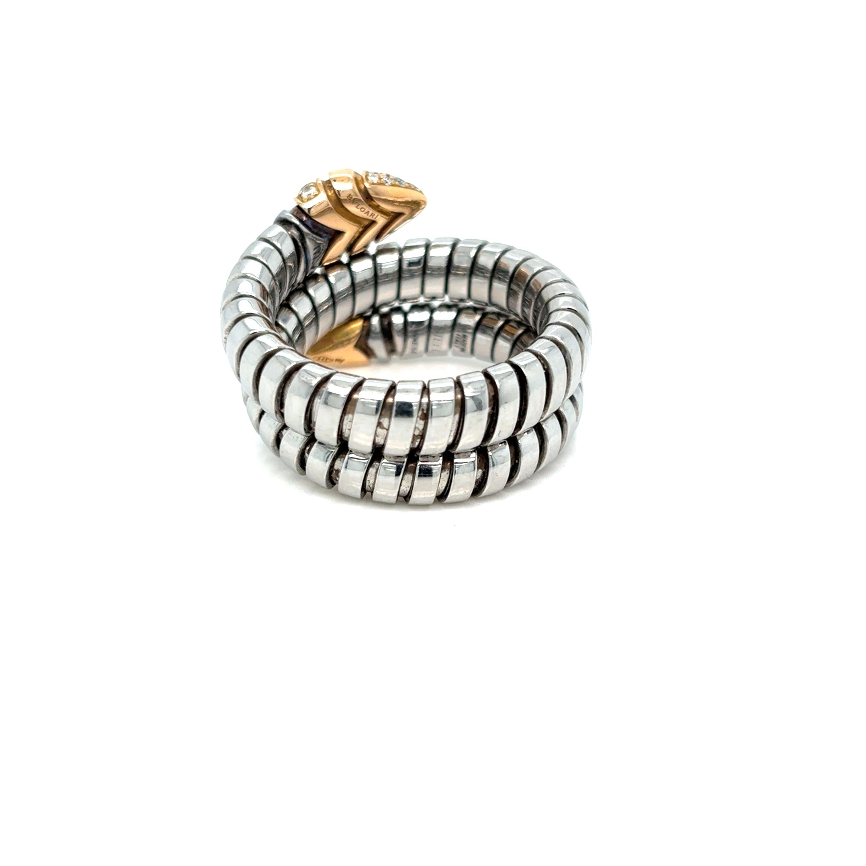 Round Cut Bulgari Serpenti Tubogas Ring in Steel, Rose Gold and Diamonds For Sale