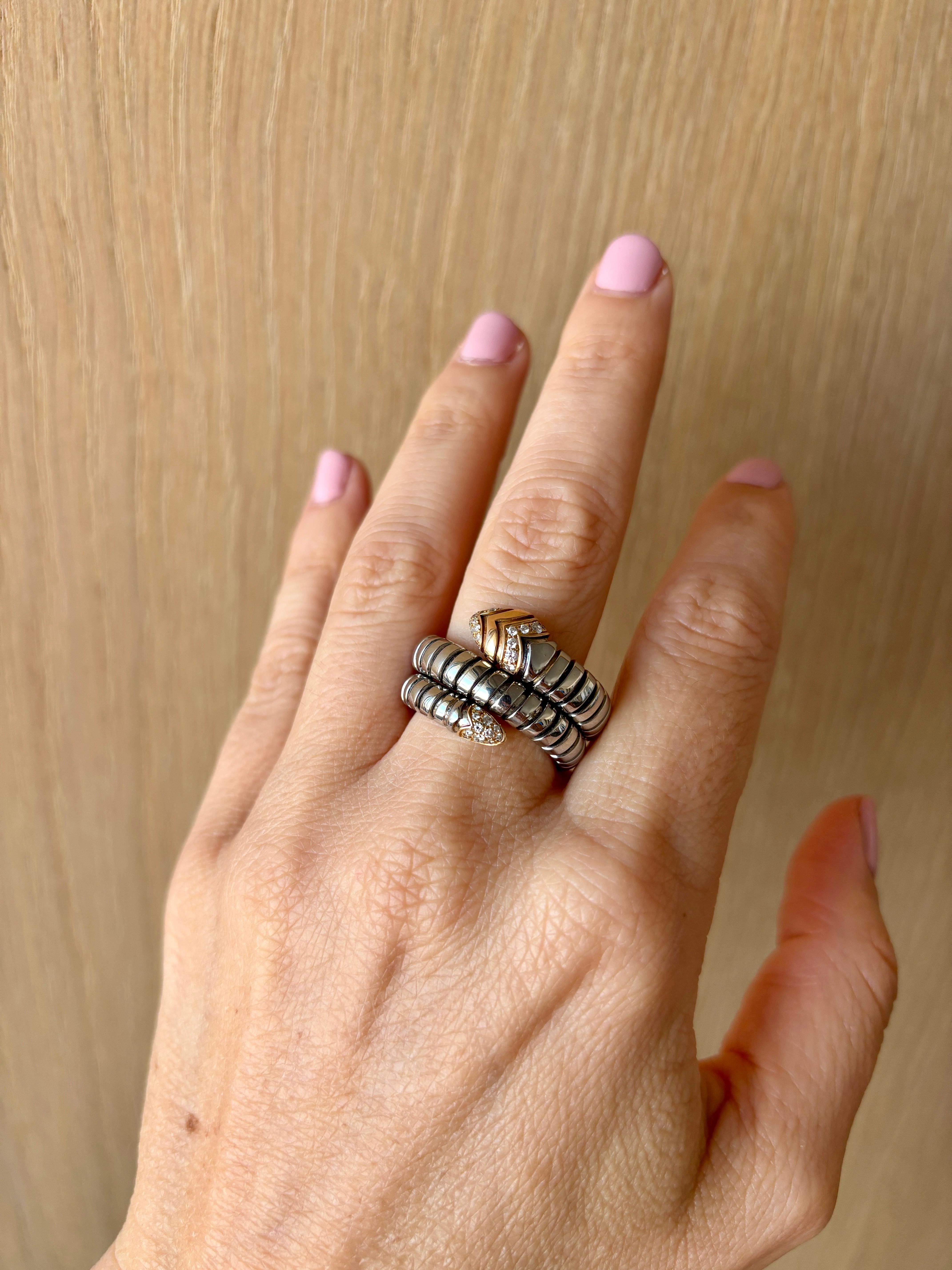 Women's or Men's Bulgari Serpenti Tubogas Ring in Steel, Rose Gold and Diamonds For Sale