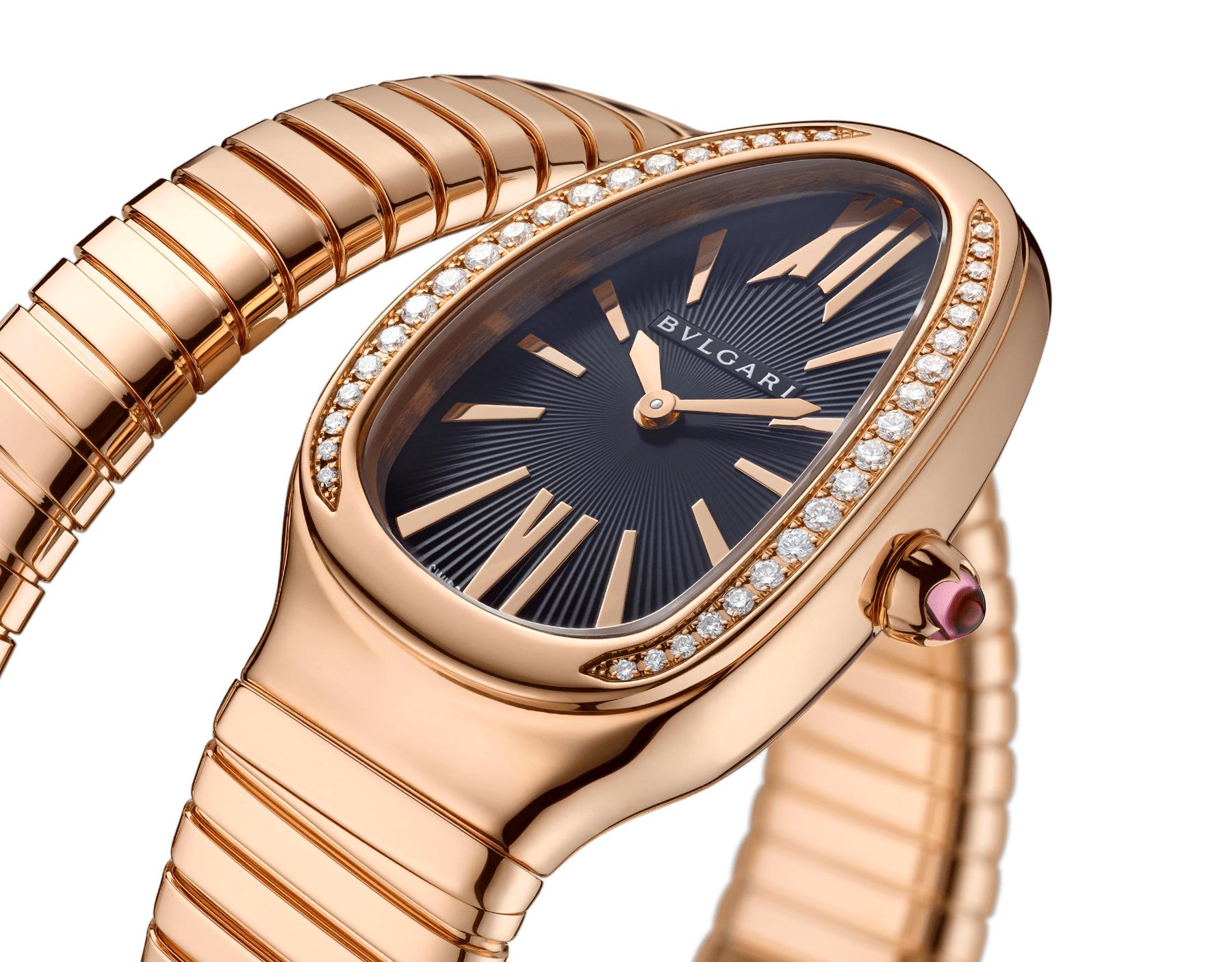 Constructed in the figure of a snake, the Serpenti is one of Bulgari's most famous icons.

Serpenti Tubogas watch with quartz movement, 35 mm 18 kt rose gold curved case set with brilliant cut diamond, 18 kt rose gold crown set with a cabochon cut