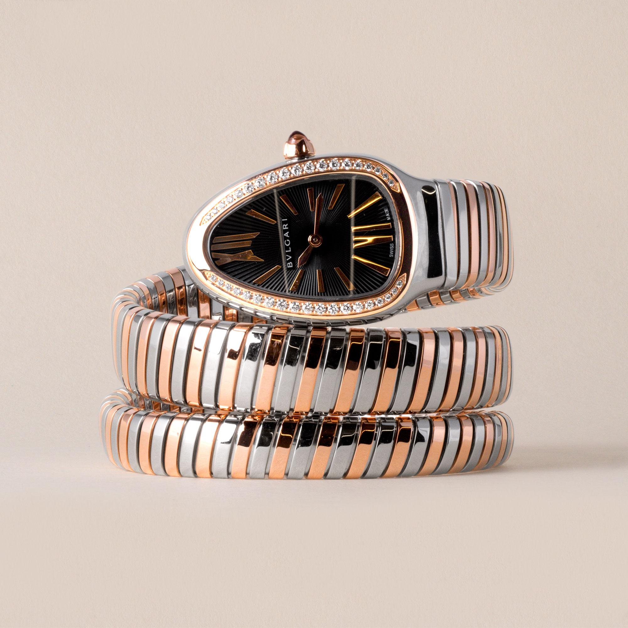 Femenino o masculino Reloj Bulgari Serpenti Tubogas Oro rosa 18 quilates Acero inoxidable con bisel de diamantes en venta