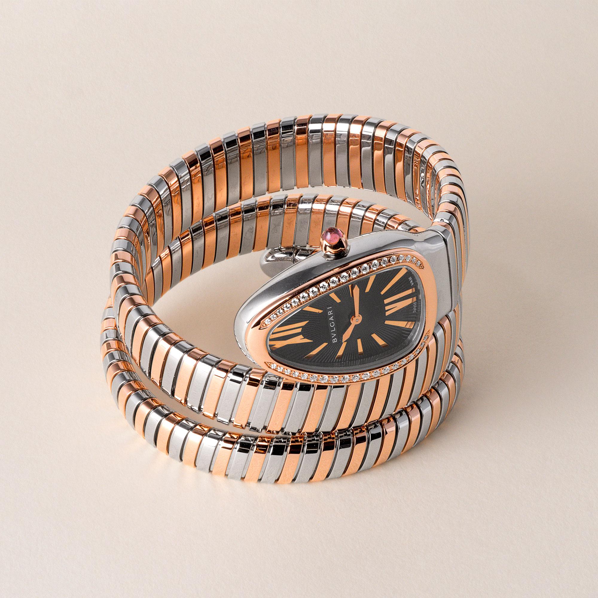 Reloj Bulgari Serpenti Tubogas Oro rosa 18 quilates Acero inoxidable con bisel de diamantes en venta 1