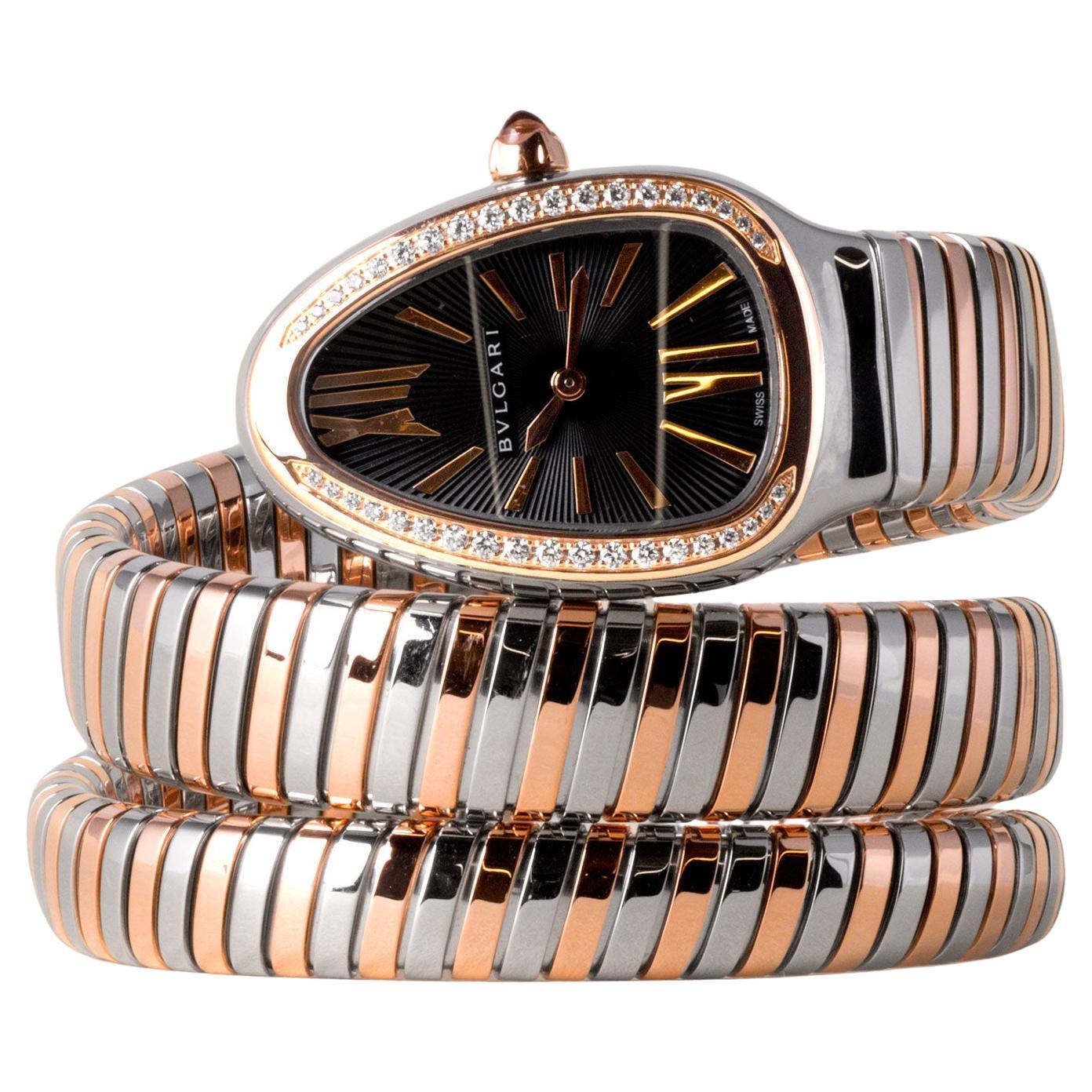 Reloj Bulgari Serpenti Tubogas Oro rosa 18 quilates Acero inoxidable con bisel de diamantes