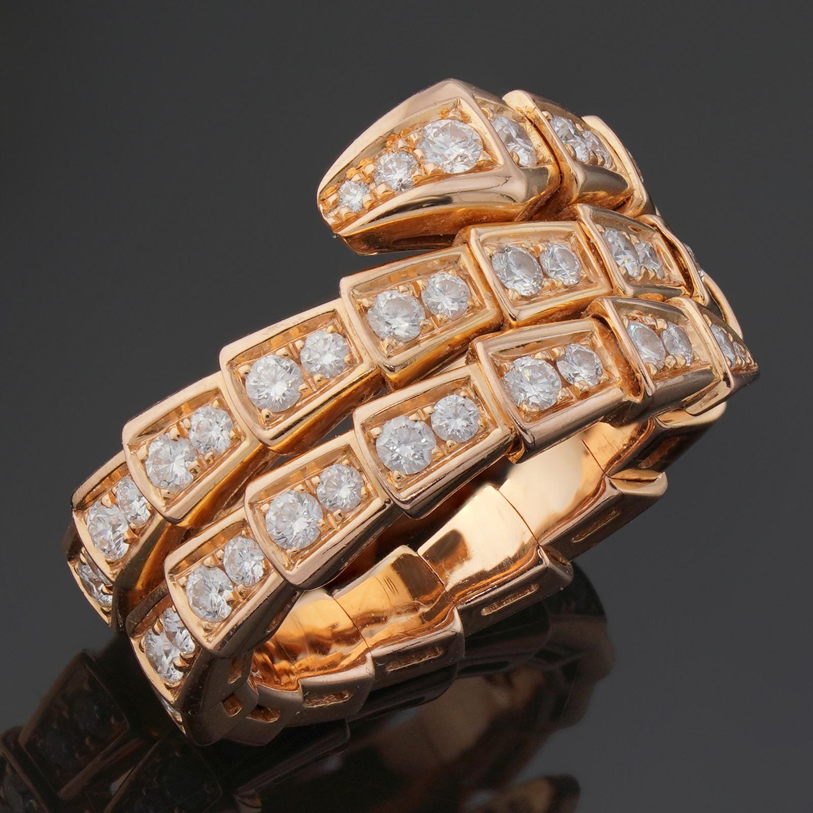 This fabulous Bvlgari Serpenti ring features a 3-row viper design crafted in 18k rose gold and set with 68 round brilliant-cut E-F VVS1-VVS2 diamonds weighing an estimated 1.13 carats. Made in Italy circa 2023. Measurements: 0.47