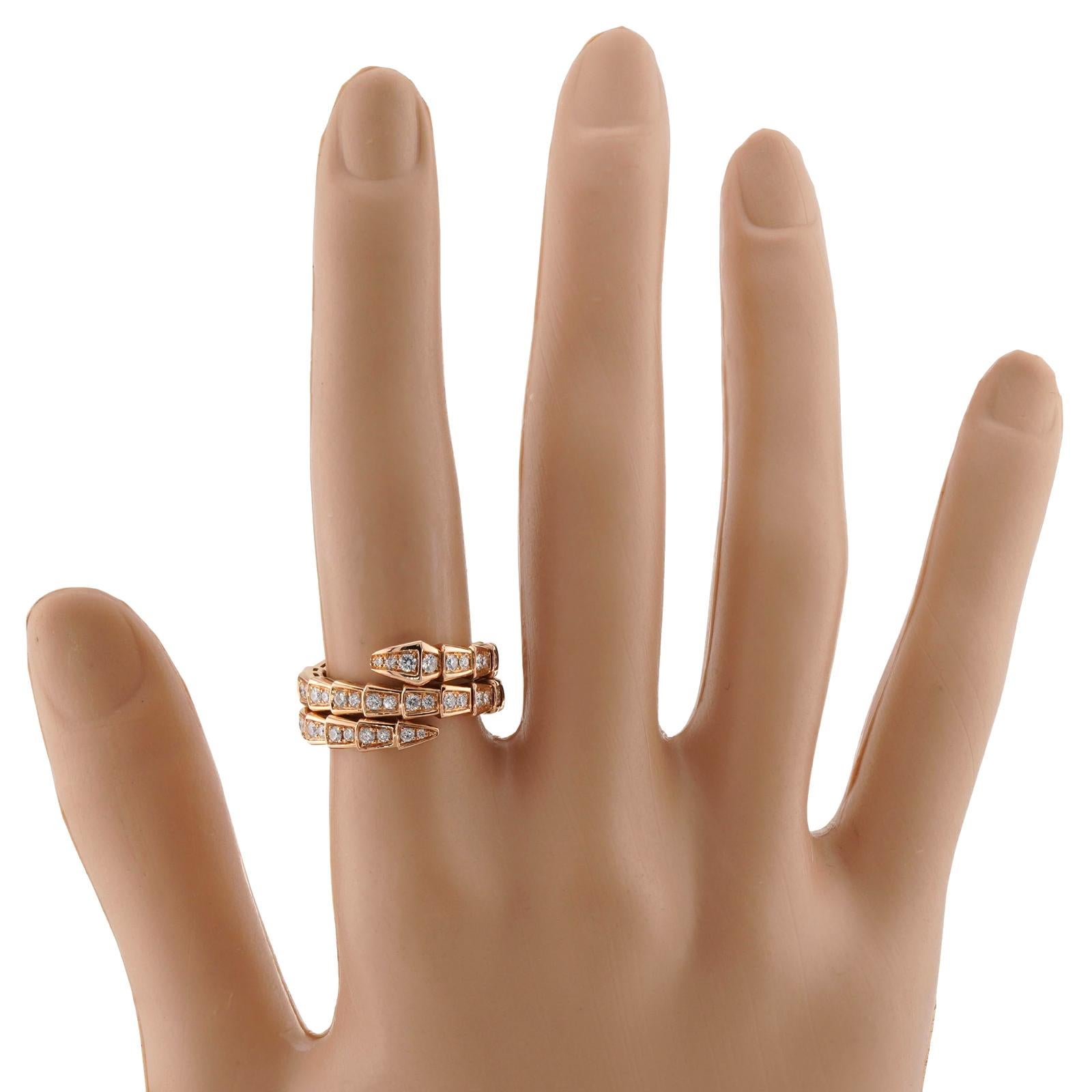 Brilliant Cut BULGARI Serpenti Viper Diamond 18k Rose Gold 3-Row Sm. Ring. COA, Box. For Sale