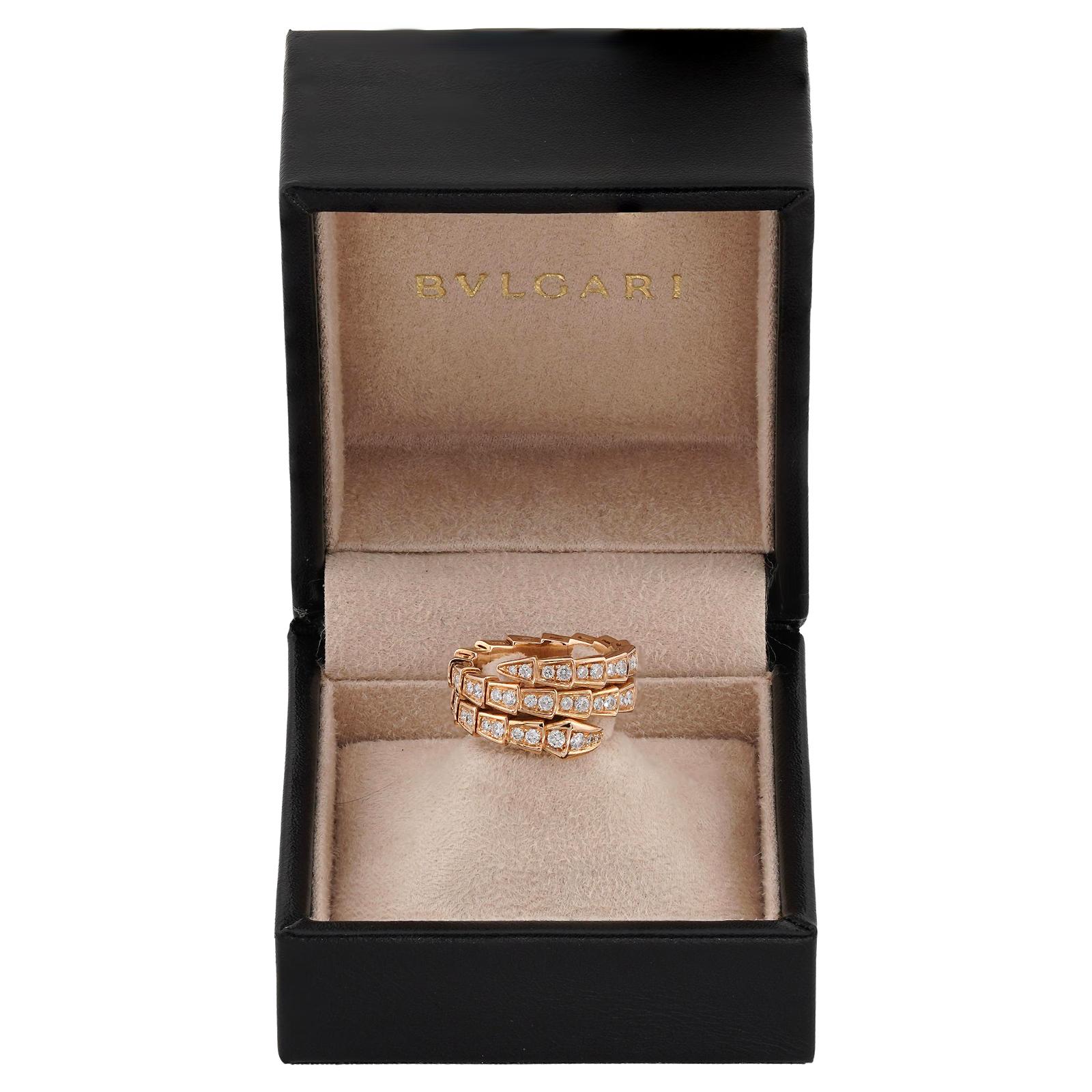 BULGARI Serpenti Viper Diamond 18k Rose Gold 3-Row Sm. Ring. COA, Box. In Excellent Condition For Sale In New York, NY