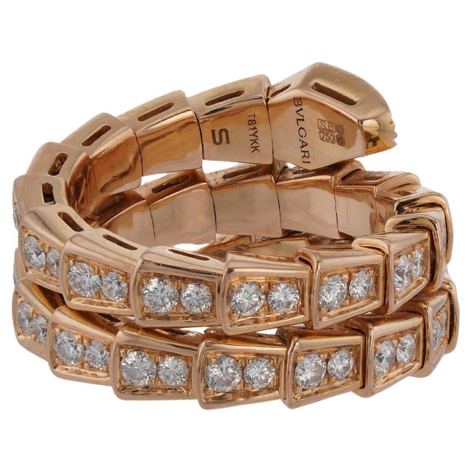 BULGARI Serpenti Viper Diamond 18k Rose Gold 3-Row Sm. Ring. COA, Box. For Sale 1