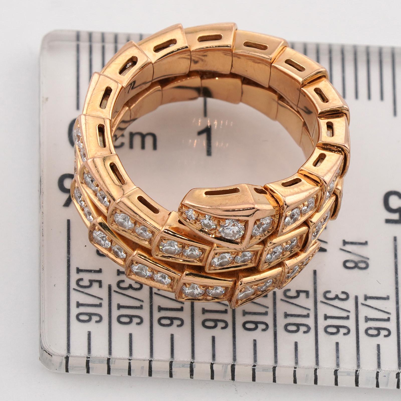 BULGARI Serpenti Viper Diamond 18k Rose Gold 3-Row Sm. Ring. COA, Box. For Sale 2