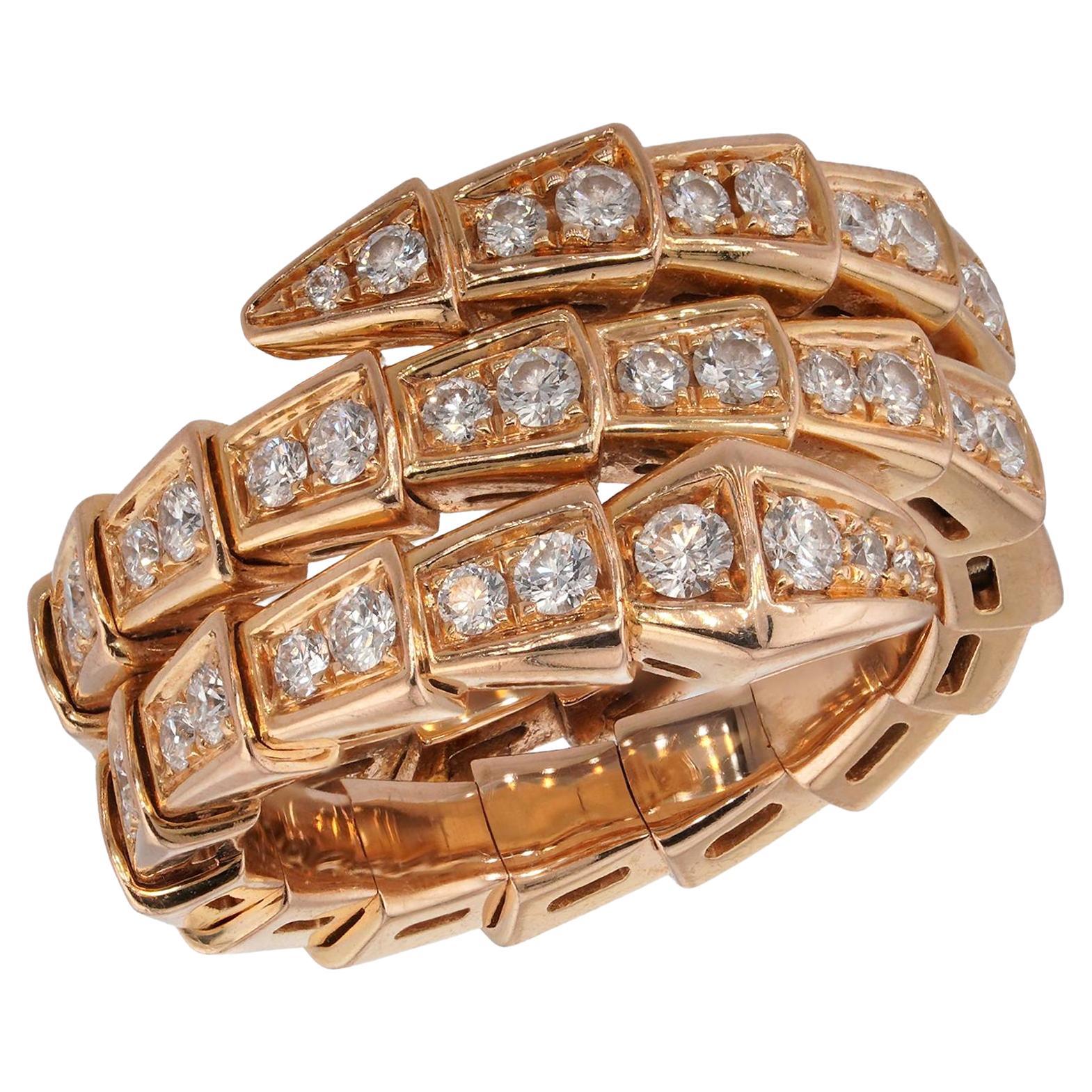 BULGARI Serpenti Viper Diamond 18k Rose Gold 3-Row Sm. Ring. COA, Box.