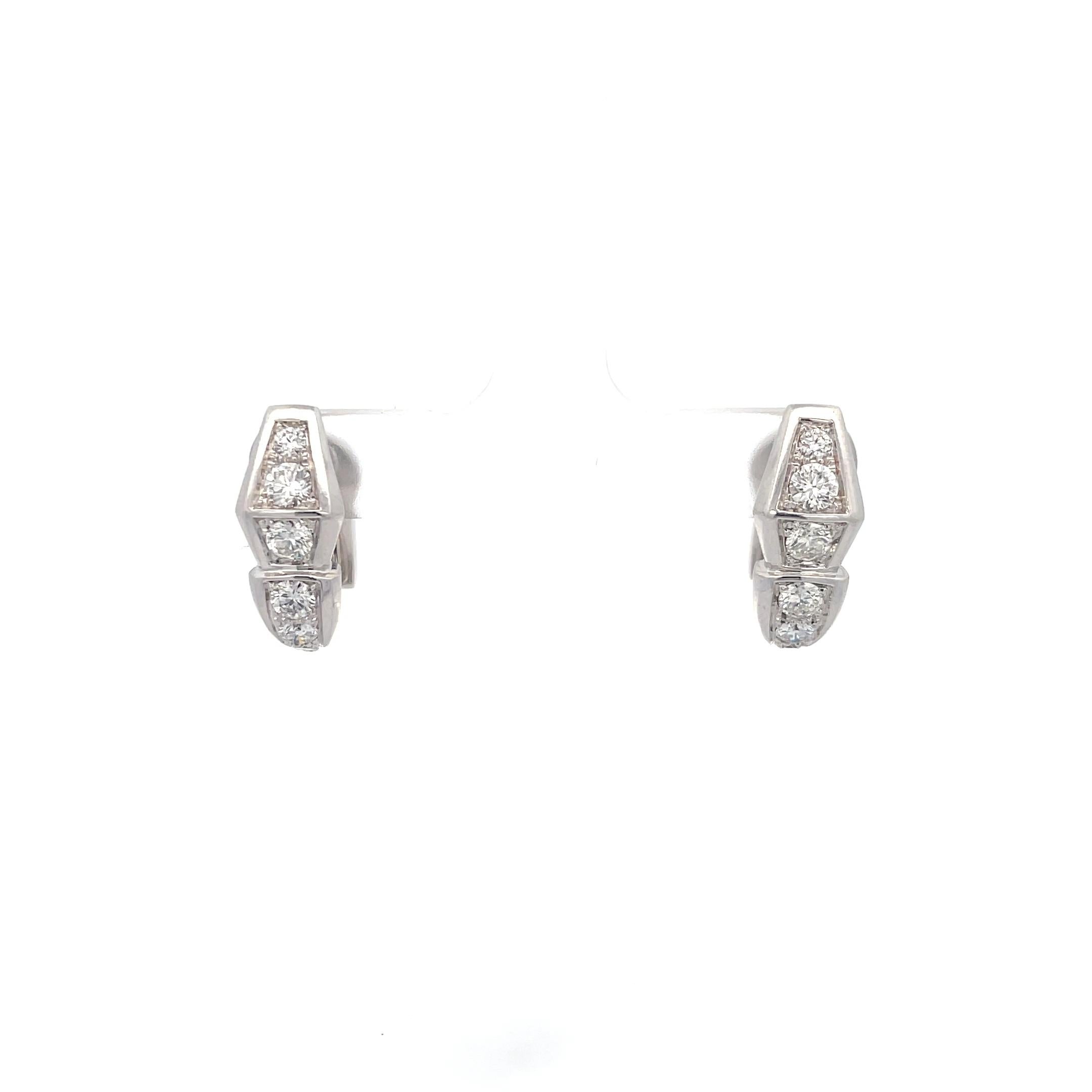 Bulgari Serpenti Viper Diamond Earrings in 18K White Gold. The earrings feature approximately 1.50ctw of brilliant round diamonds, G in color, VS1 in clarity. The earrings measure 1.75