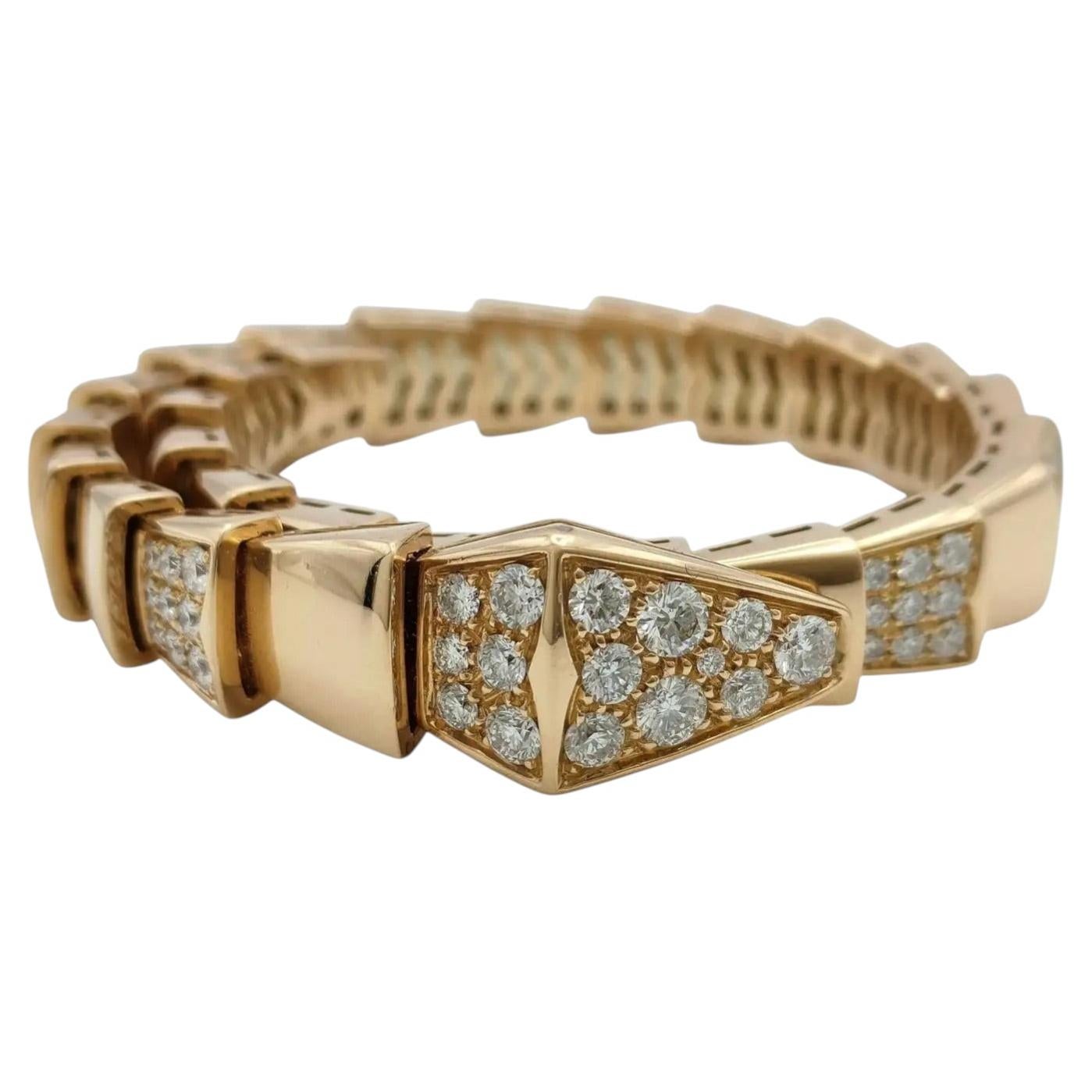 Bulgari Serpenti Viper Diamond Pave 18K Rose Gold Chunky Bangle Bracelet Size M For Sale