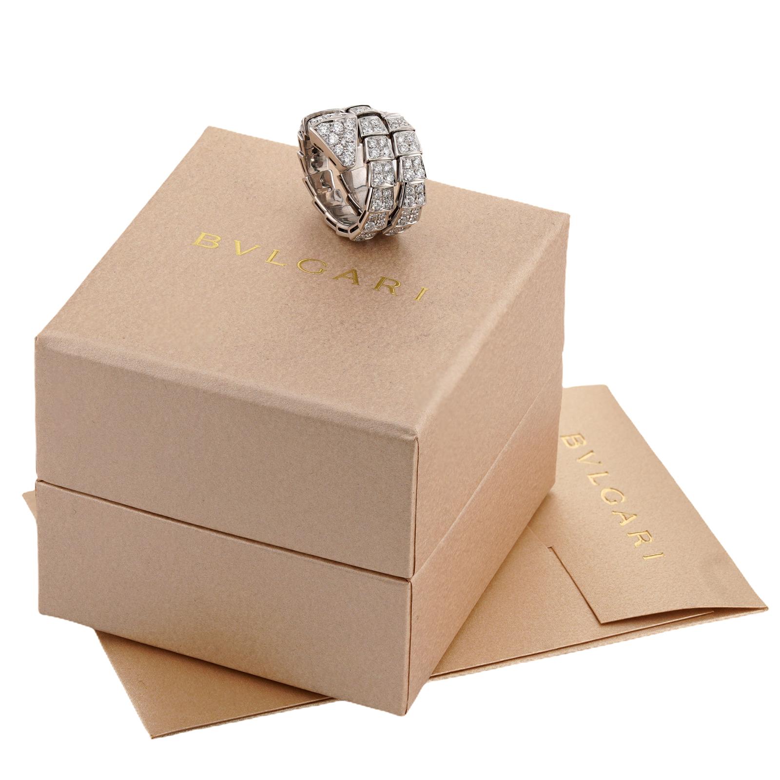 Brilliant Cut BULGARI Serpenti Viper Diamond White Gold 2 Row Ring. Box COA For Sale