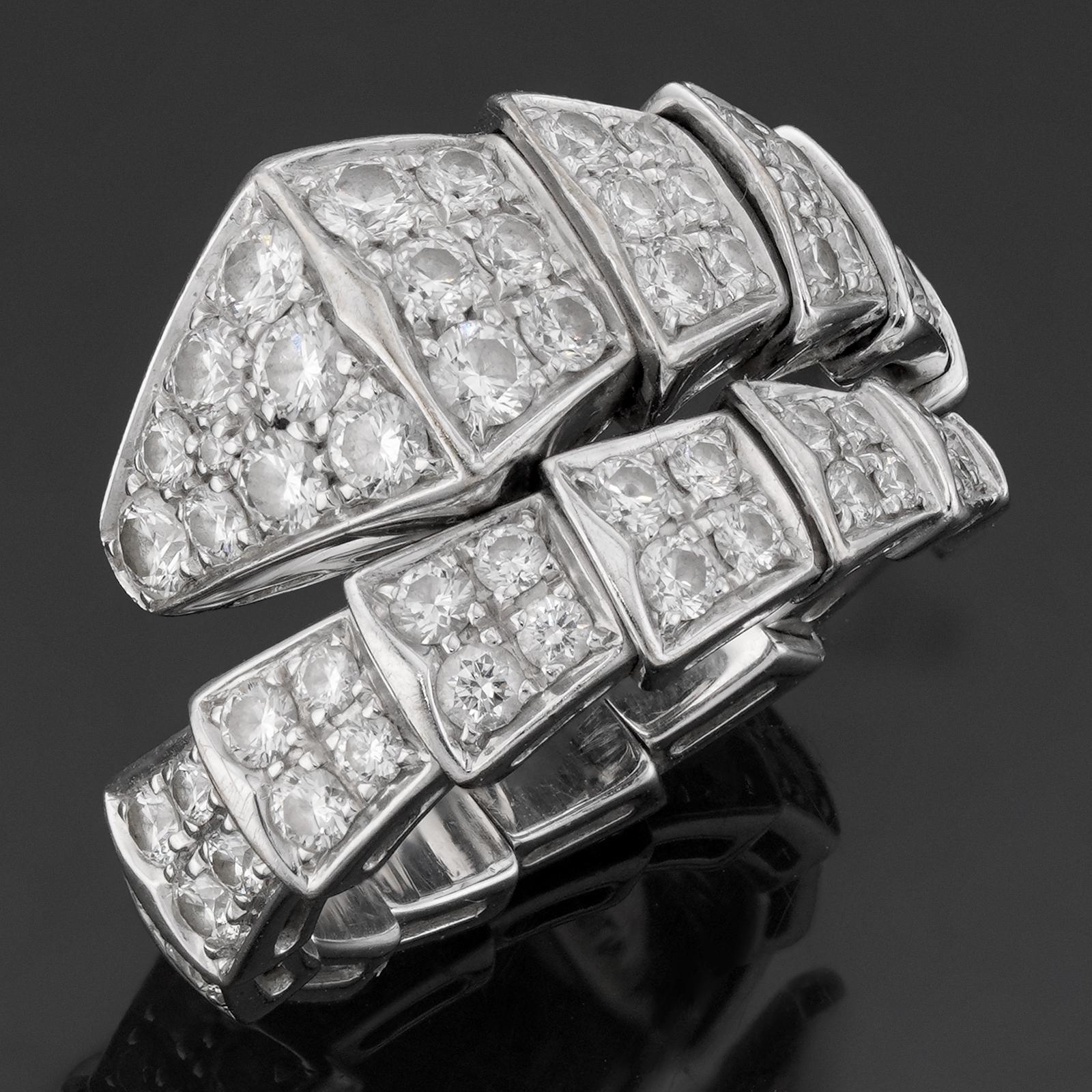 This gorgeous Bulgari one-coil ring from the classic Serpenti Viper collection is crafted in 18k white gold and fully pavé set with brilliant-cut diamonds weighing an estimated 1.74 carats. Made in Italy circa 2020s. Measurements: 0.55