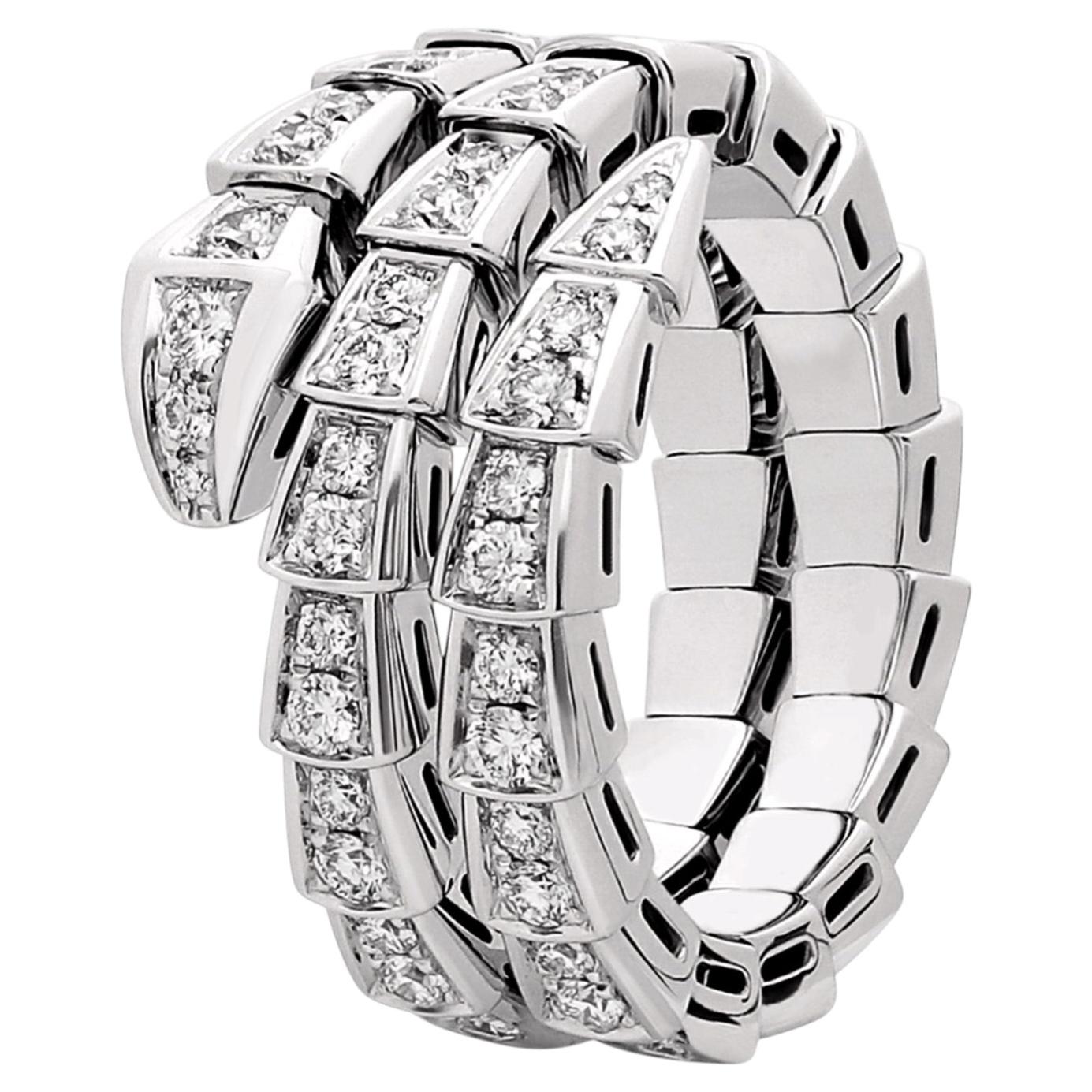 Bulgari Serpenti Viper Ring With Full Pave Diamonds Snake 18k White Gold