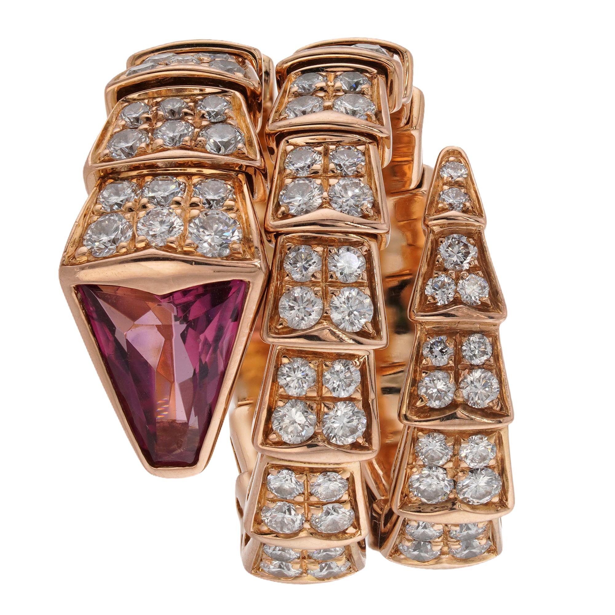 BULGARI Bague Serpenti Viper Rubis Plein Pave Diamant Or Rose 3 rangs moyen Pour femmes en vente