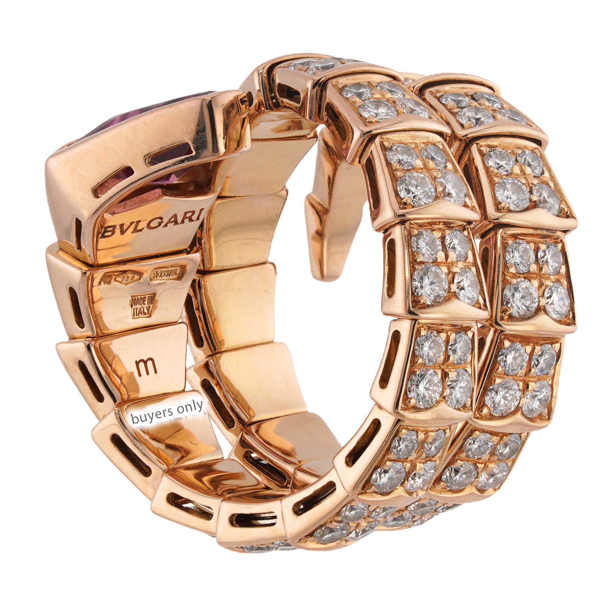 BULGARI Bague Serpenti Viper Rubis Plein Pave Diamant Or Rose 3 rangs moyen en vente 1