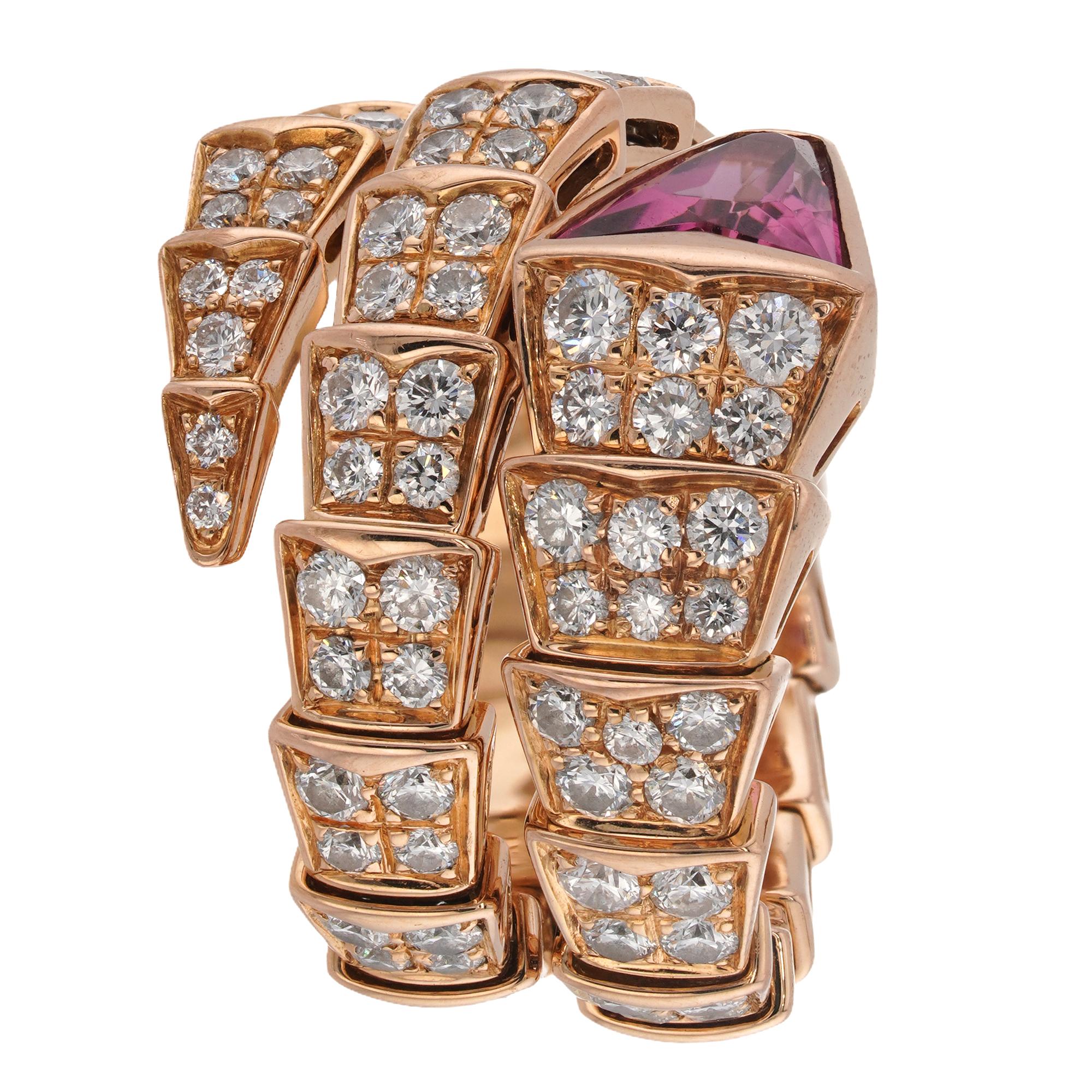 BULGARI Bague Serpenti Viper Rubis Plein Pave Diamant Or Rose 3 rangs moyen en vente 2
