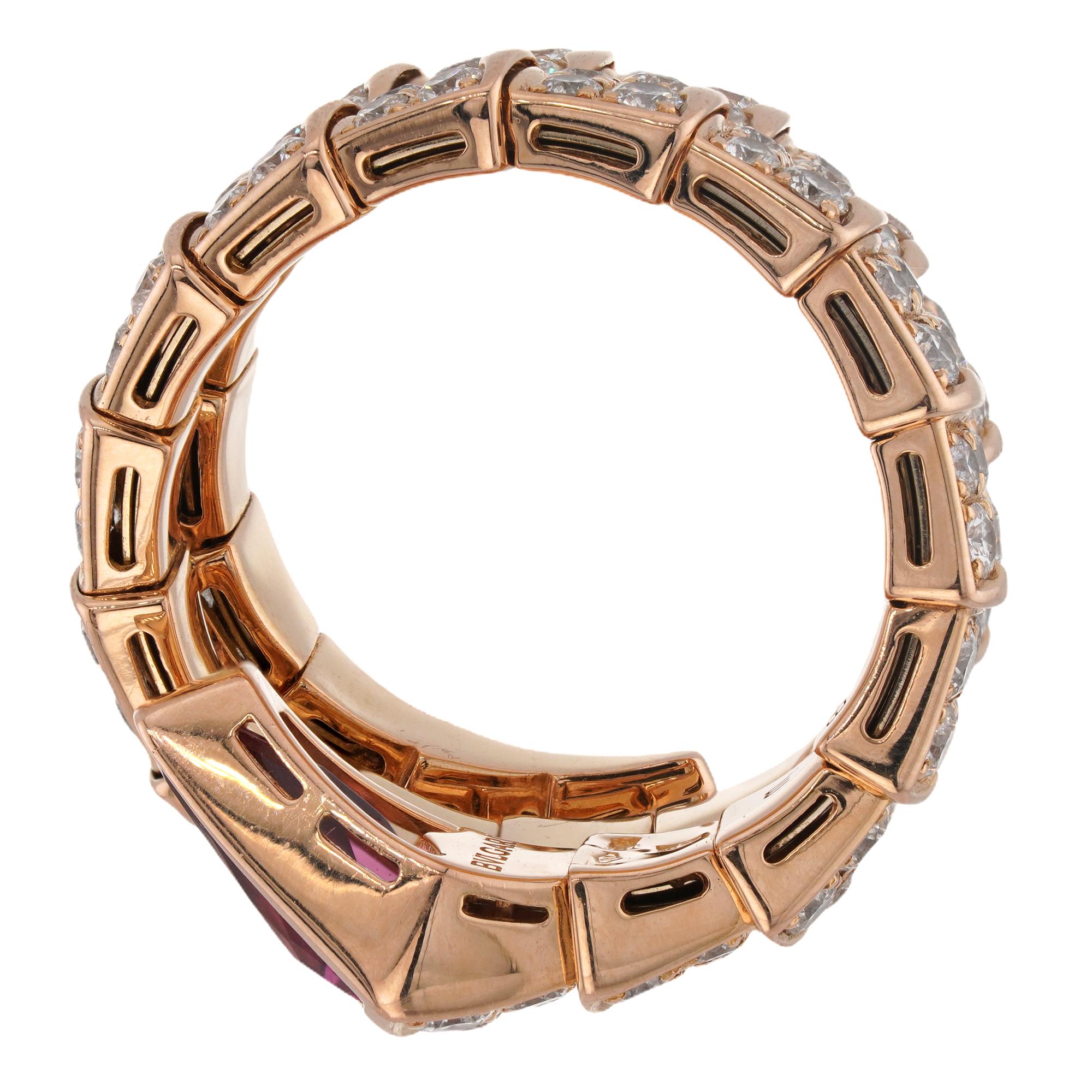 BULGARI Bague Serpenti Viper Rubis Plein Pave Diamant Or Rose 3 rangs moyen en vente 3