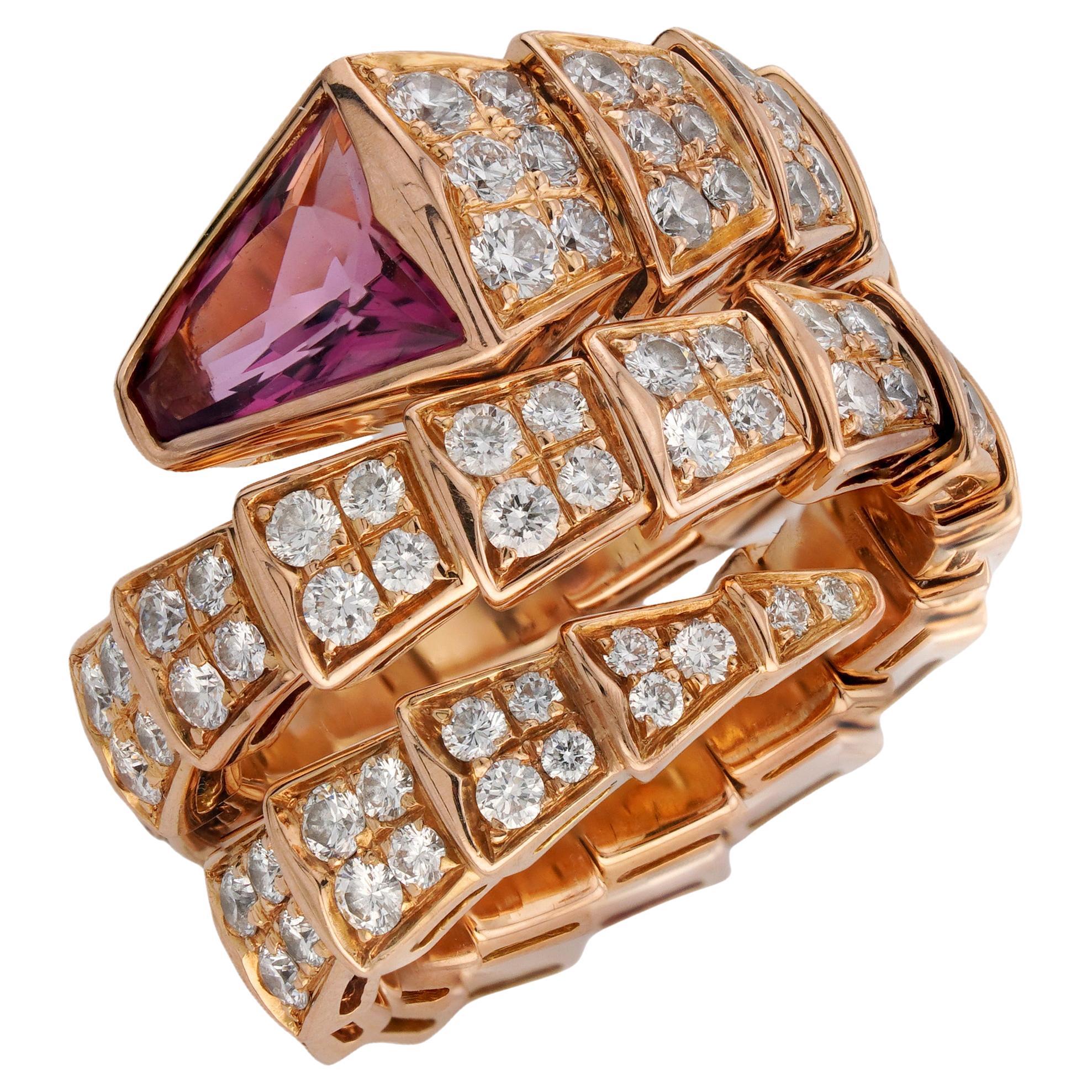 BULGARI Bague Serpenti Viper Rubis Plein Pave Diamant Or Rose 3 rangs moyen