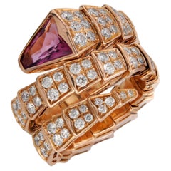 BULGARI Serpenti Viper Ruby Full Pave Diamond Rose Gold 3-Row Medium Ring