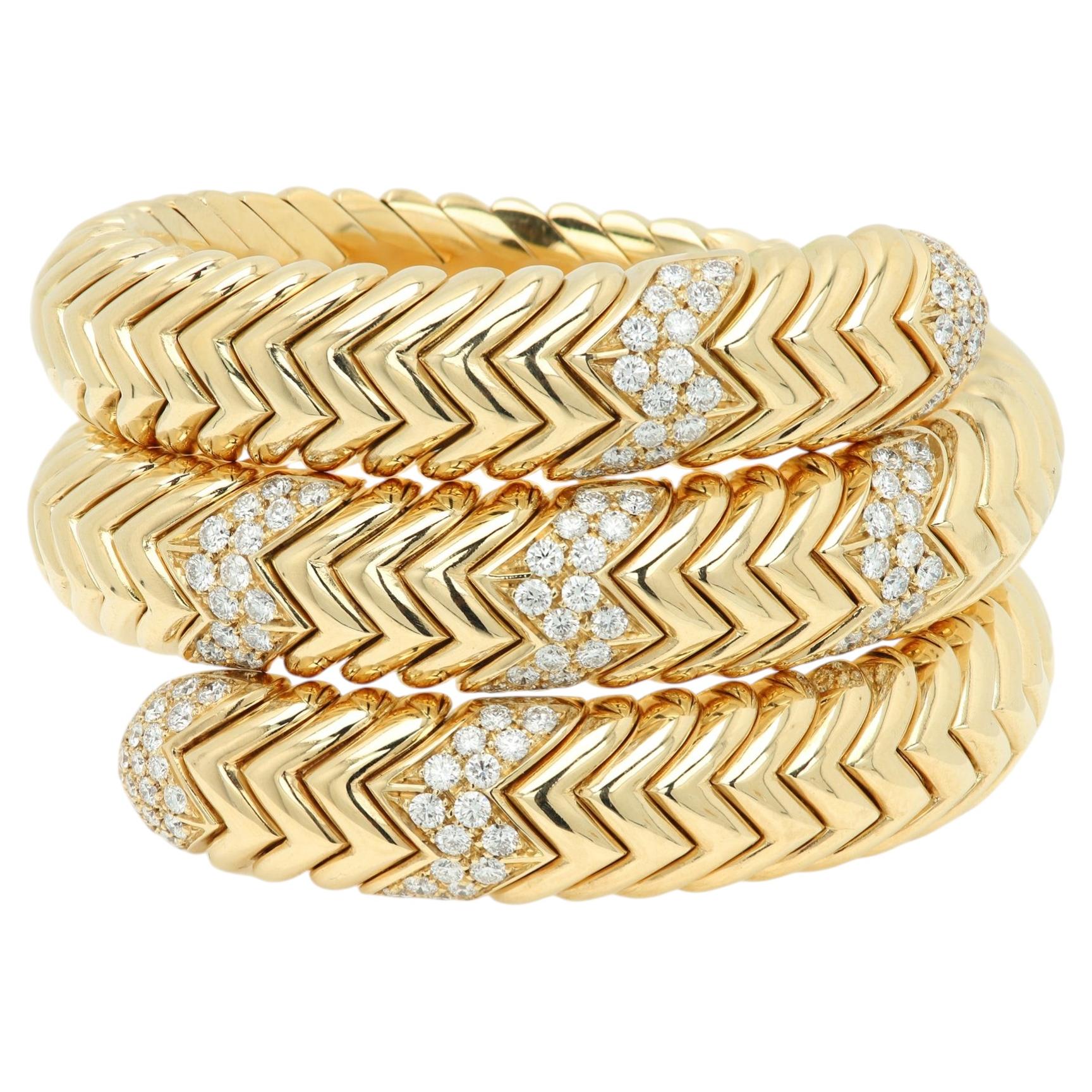 Bulgari Spiga 18k Gold Diamond Triple Wrap Flexible Coil Bracelet
