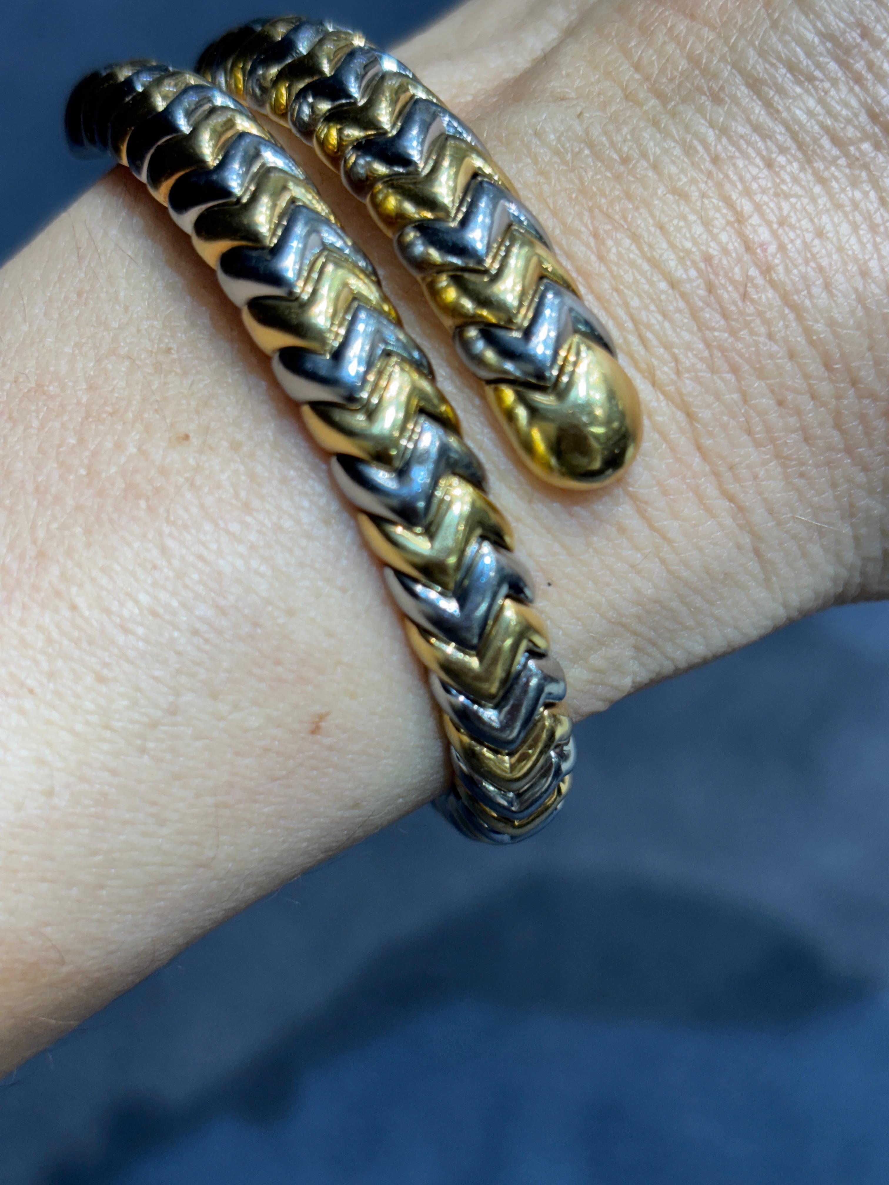 Bulgari Spiga 18k white and yellow gold flexible bangle, part of a set 1