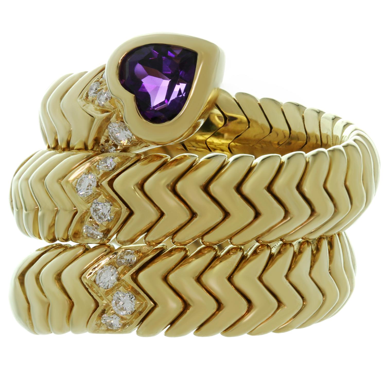 Bulgari Spiga Amethyst Diamond Yellow Gold 3-Row Flexible Ring In Excellent Condition In New York, NY