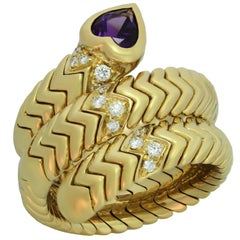 Bulgari Spiga Amethyst Diamond Yellow Gold 3-Row Flexible Ring
