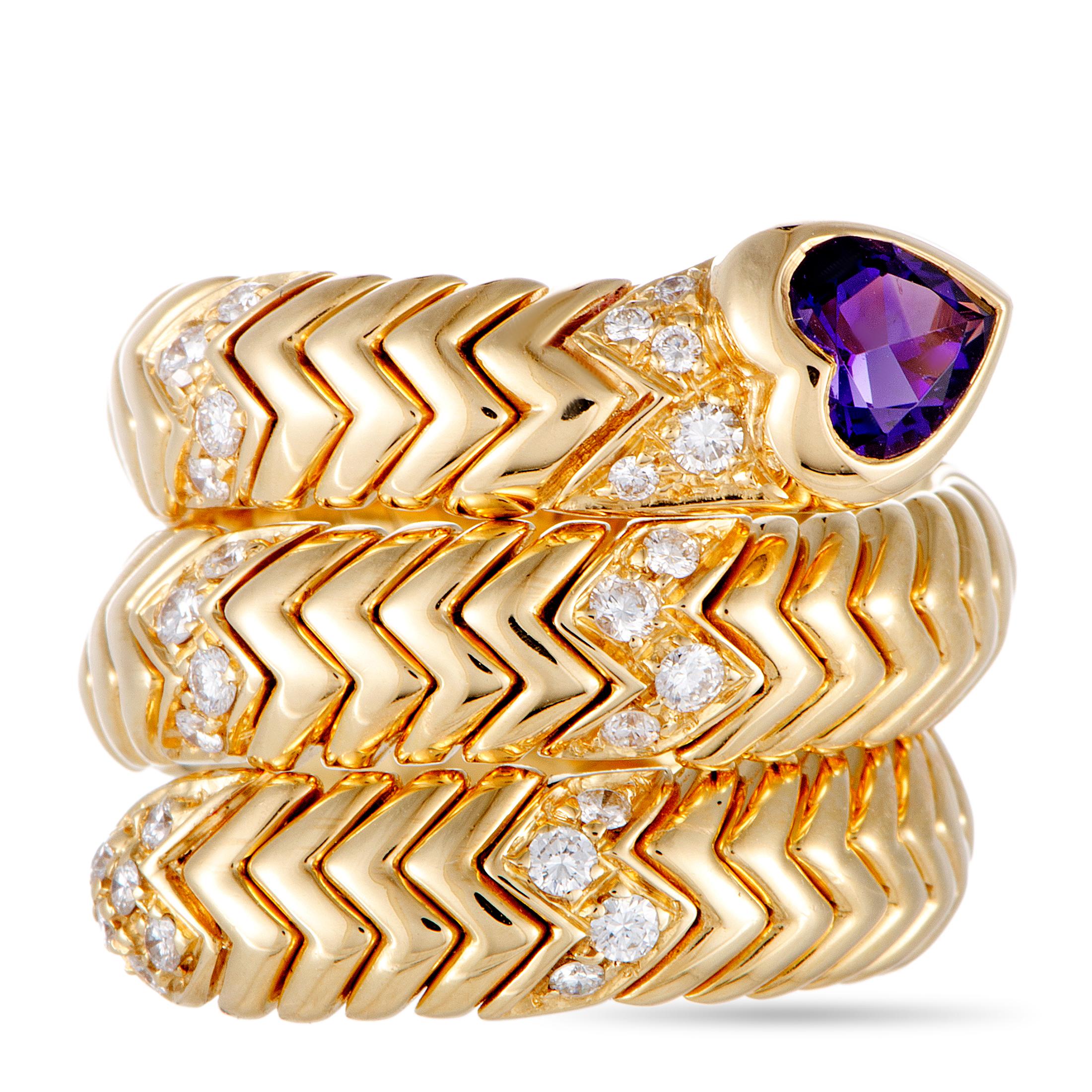 Bulgari Spiga Diamond and Amethyst Yellow Gold Heart Band Ring 2